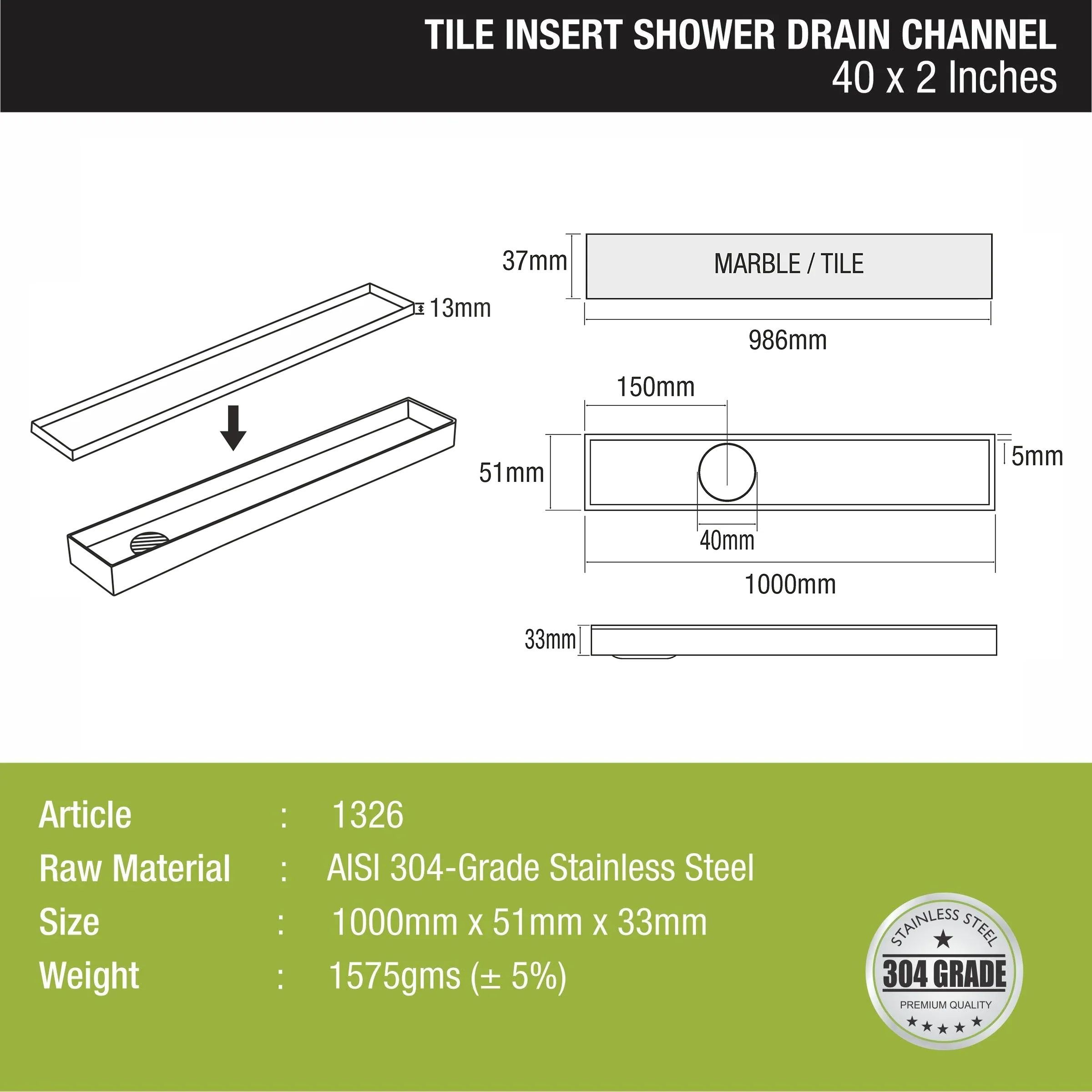 Tile Insert Shower Drain Channel (40 x 2 Inches) - LIPKA - Image 2