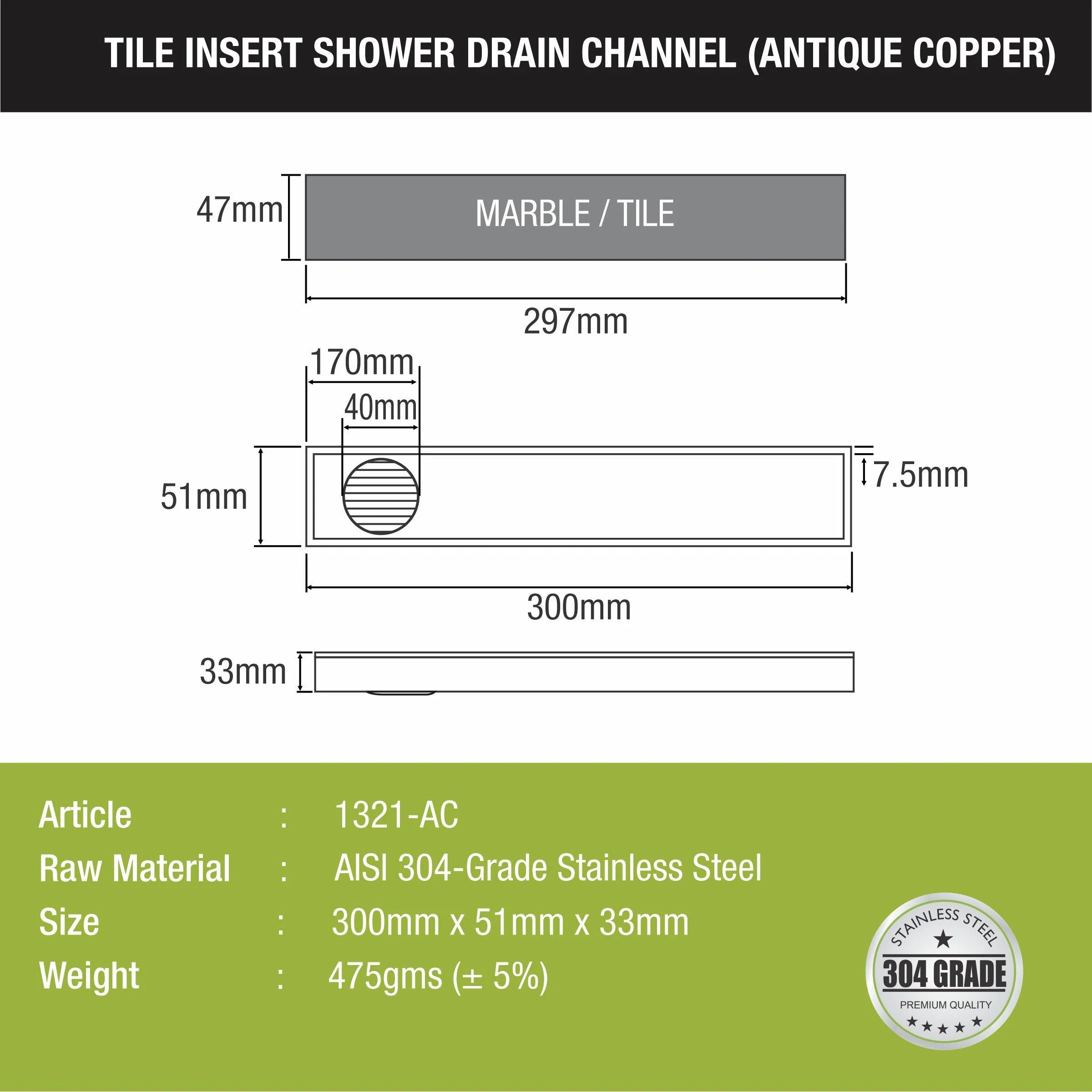 Tile Insert Shower Drain Channel - Antique Copper (12 x 2 Inches) - LIPKA - Image 2