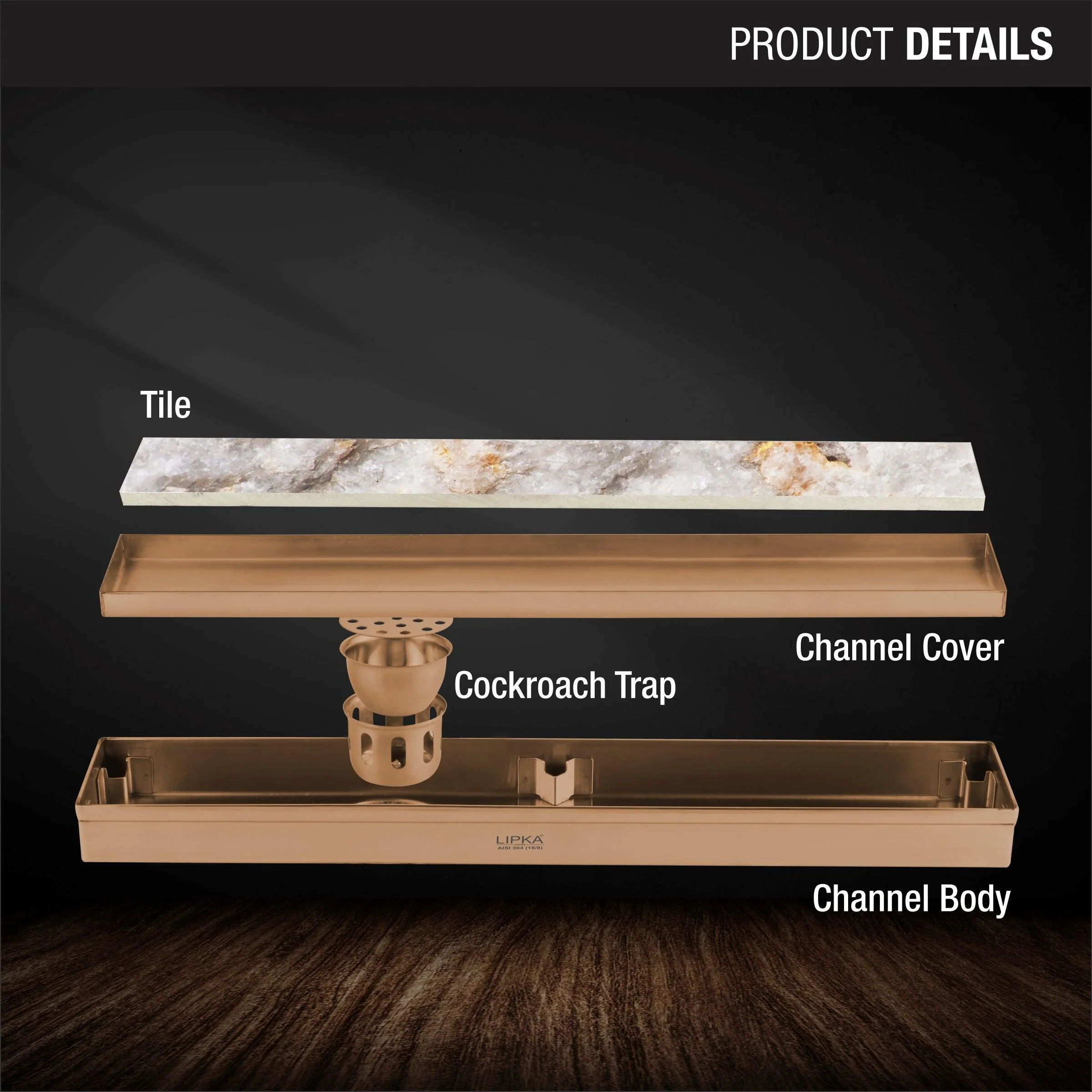 Tile Insert Shower Drain Channel - Antique Copper (32 x 3 Inches) - LIPKA - Image 3