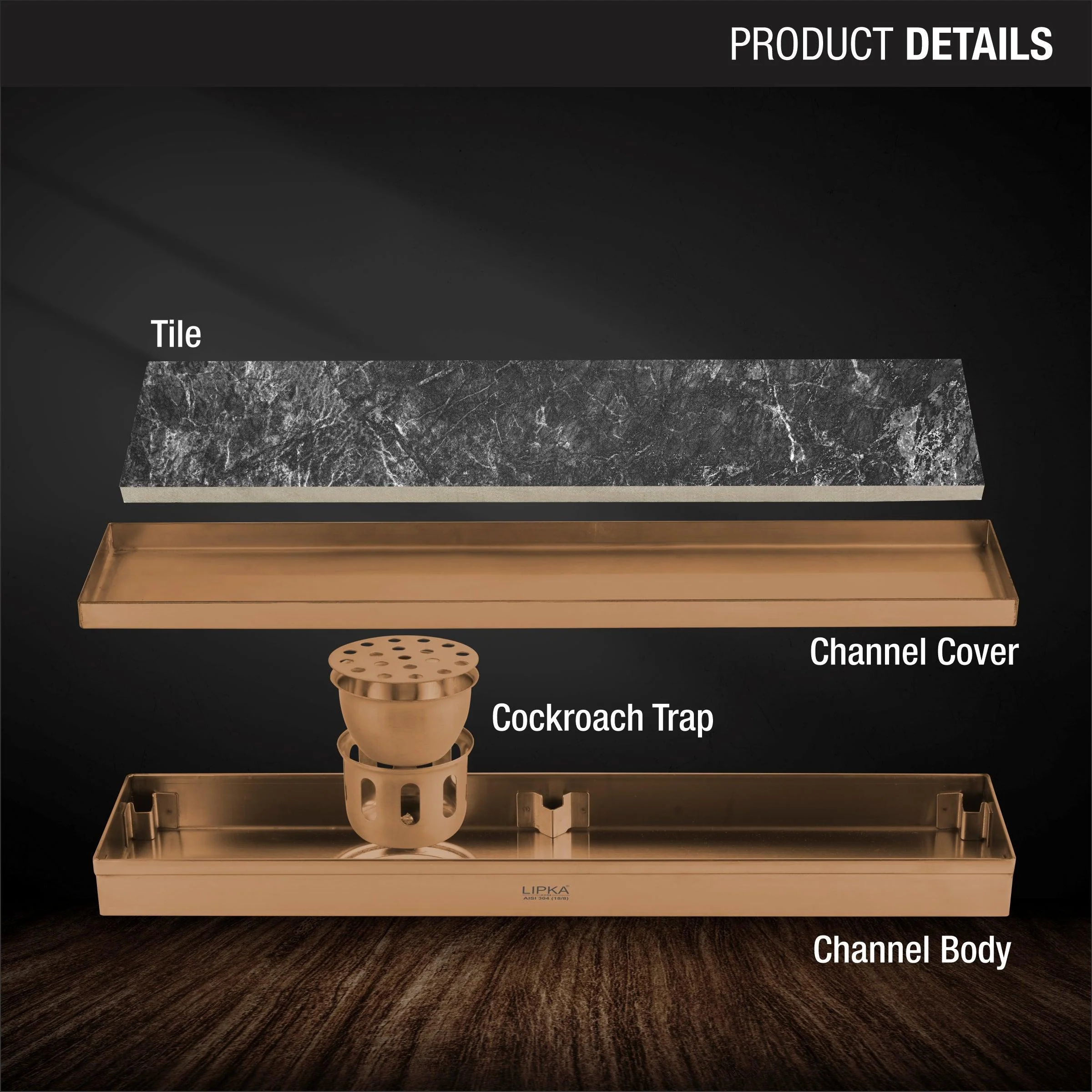 Tile Insert Shower Drain Channel - Antique Copper (32 x 4 Inches) - LIPKA - Image 3