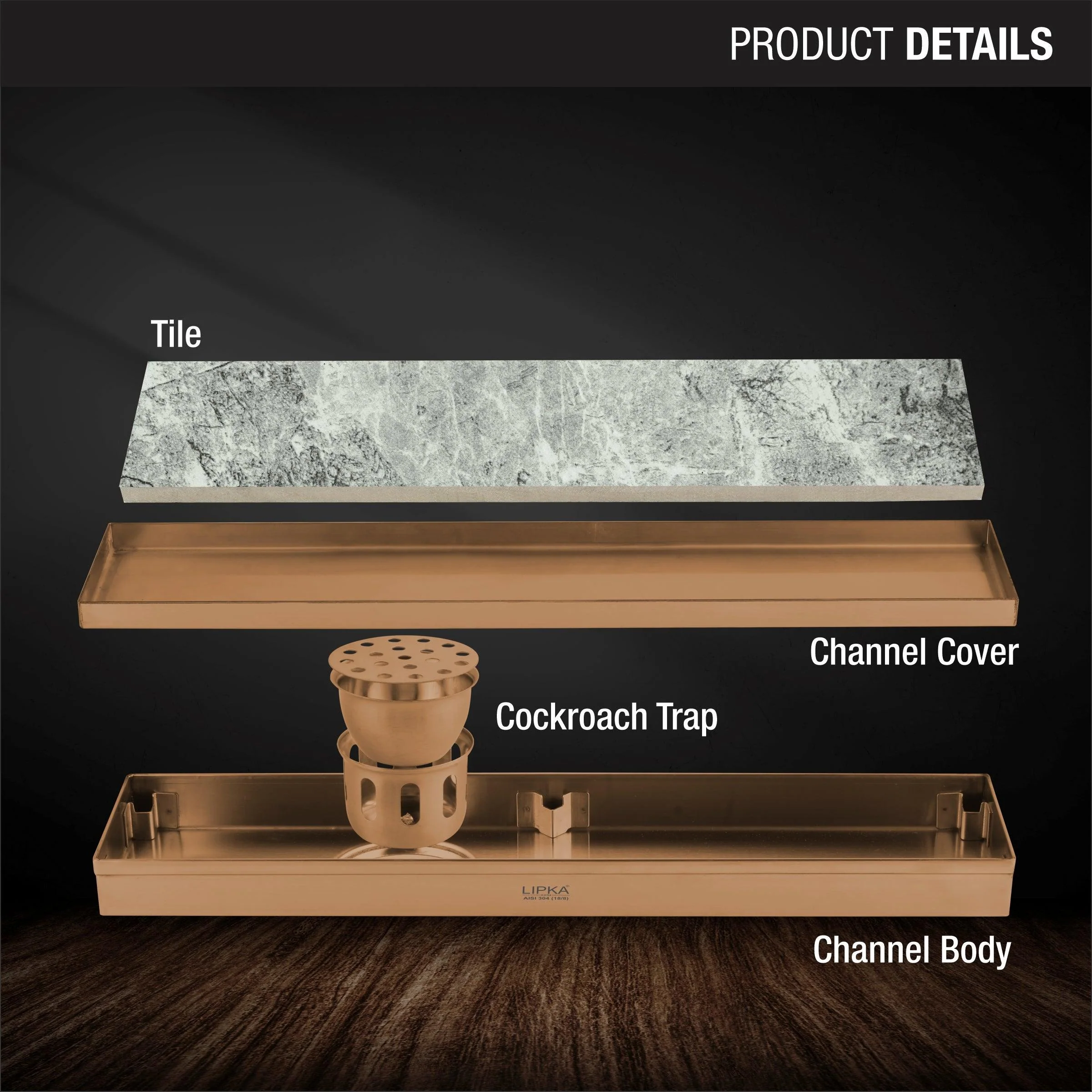 Tile Insert Shower Drain Channel - Antique Copper (36 x 5 Inches) - LIPKA - Image 3