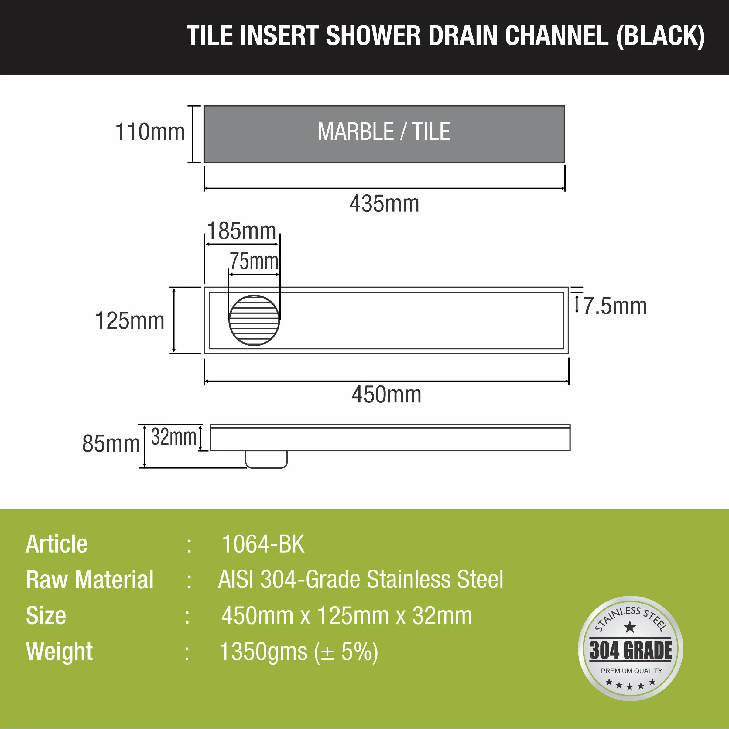 Tile Insert Shower Drain Channel - Black (18 x 5 Inches) - LIPKA - Image 2
