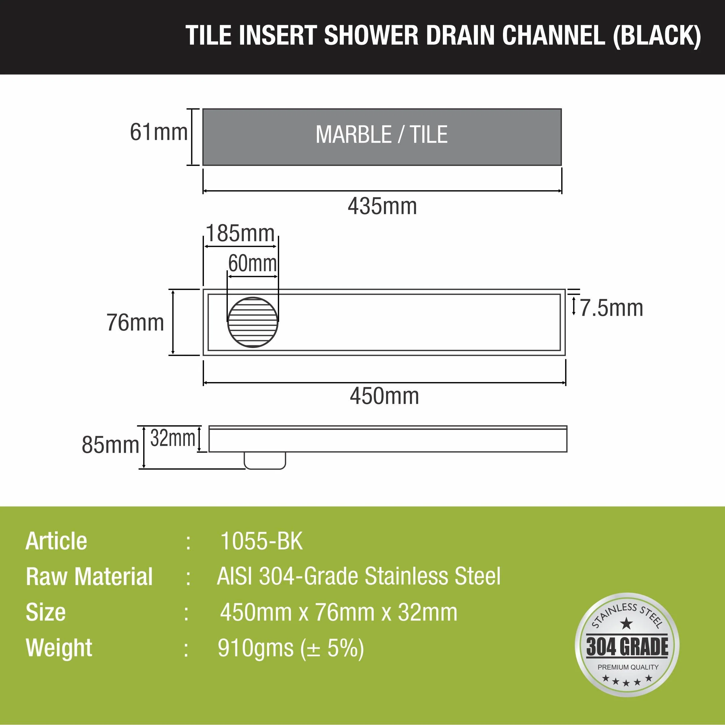 Tile Insert Shower Drain Channel - Black (18 x 3 Inches) - LIPKA - Image 2