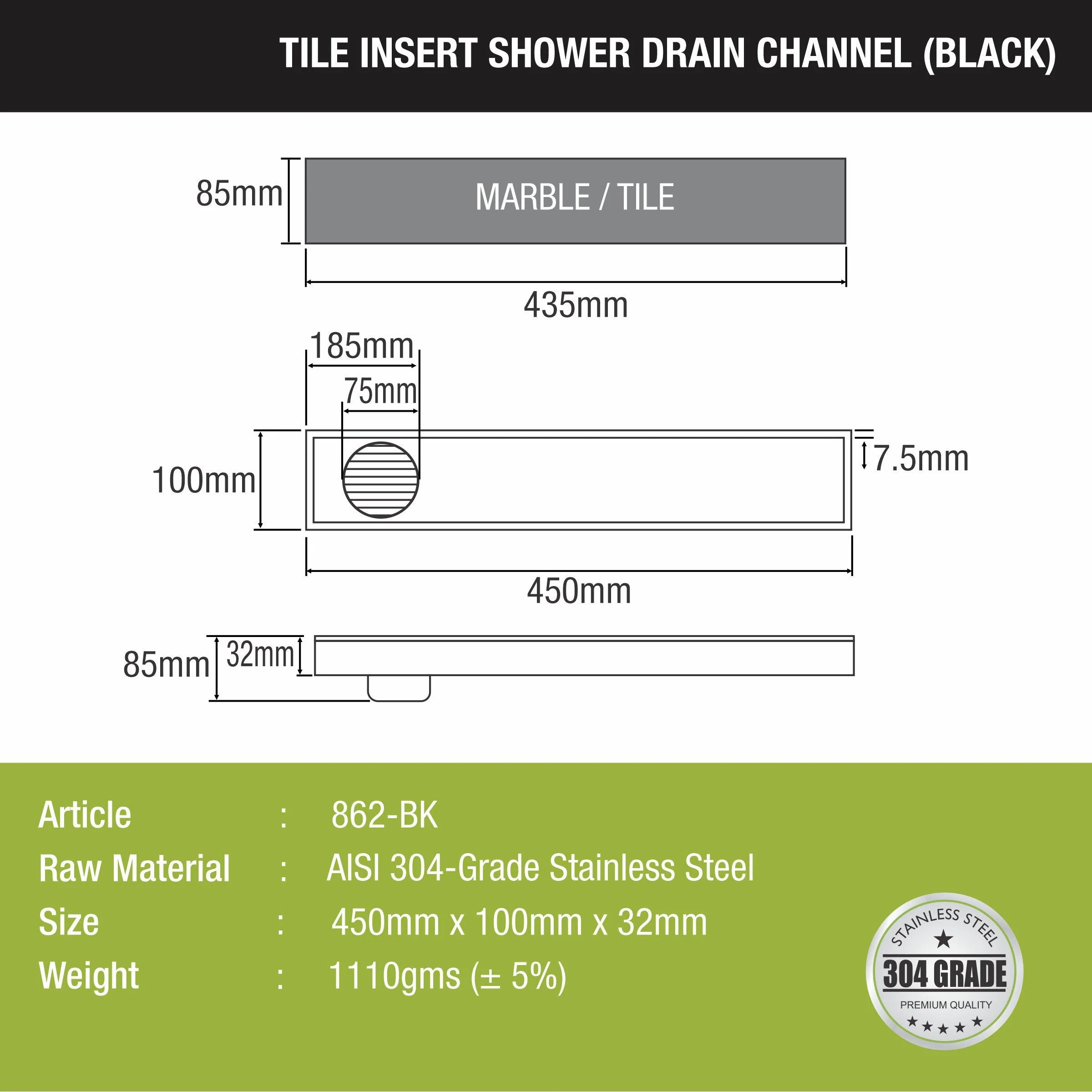 Tile Insert Shower Drain Channel - Black (18 x 4 Inches) - LIPKA - Image 2