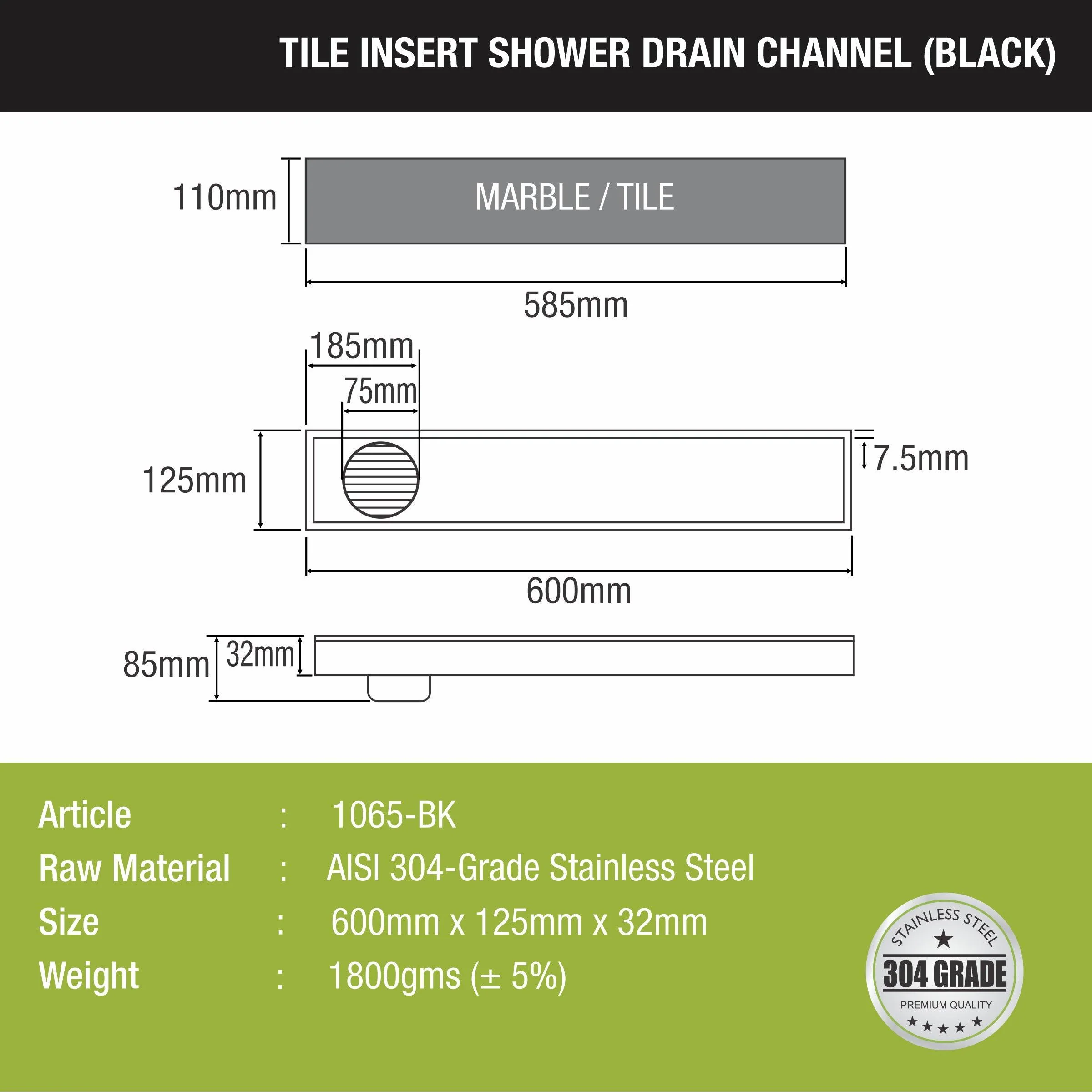 Tile Insert Shower Drain Channel - Black (24 x 5 Inches) - LIPKA - Image 2