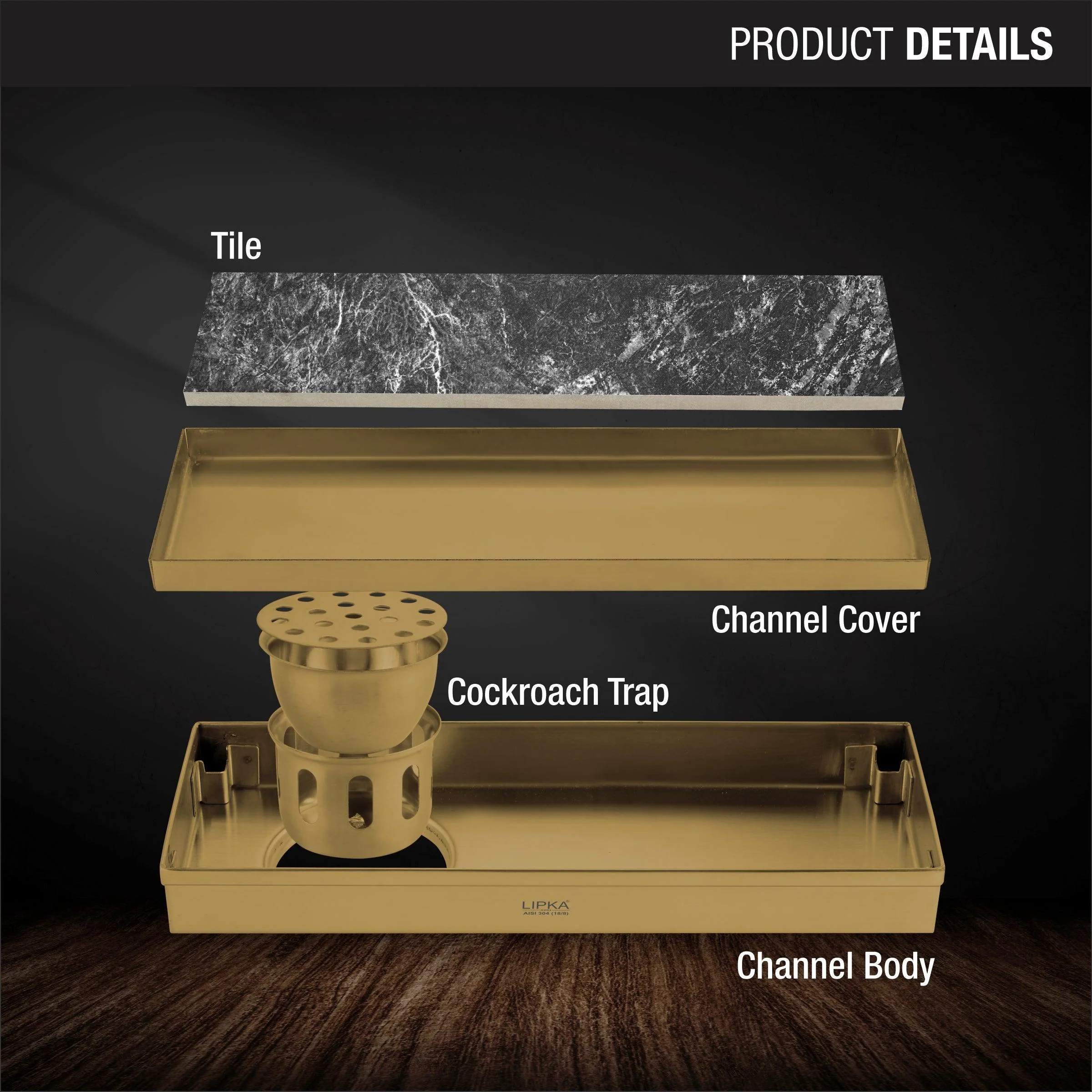 Tile Insert Shower Drain Channel - Yellow Gold (18 x 4 Inches) - LIPKA - Image 3