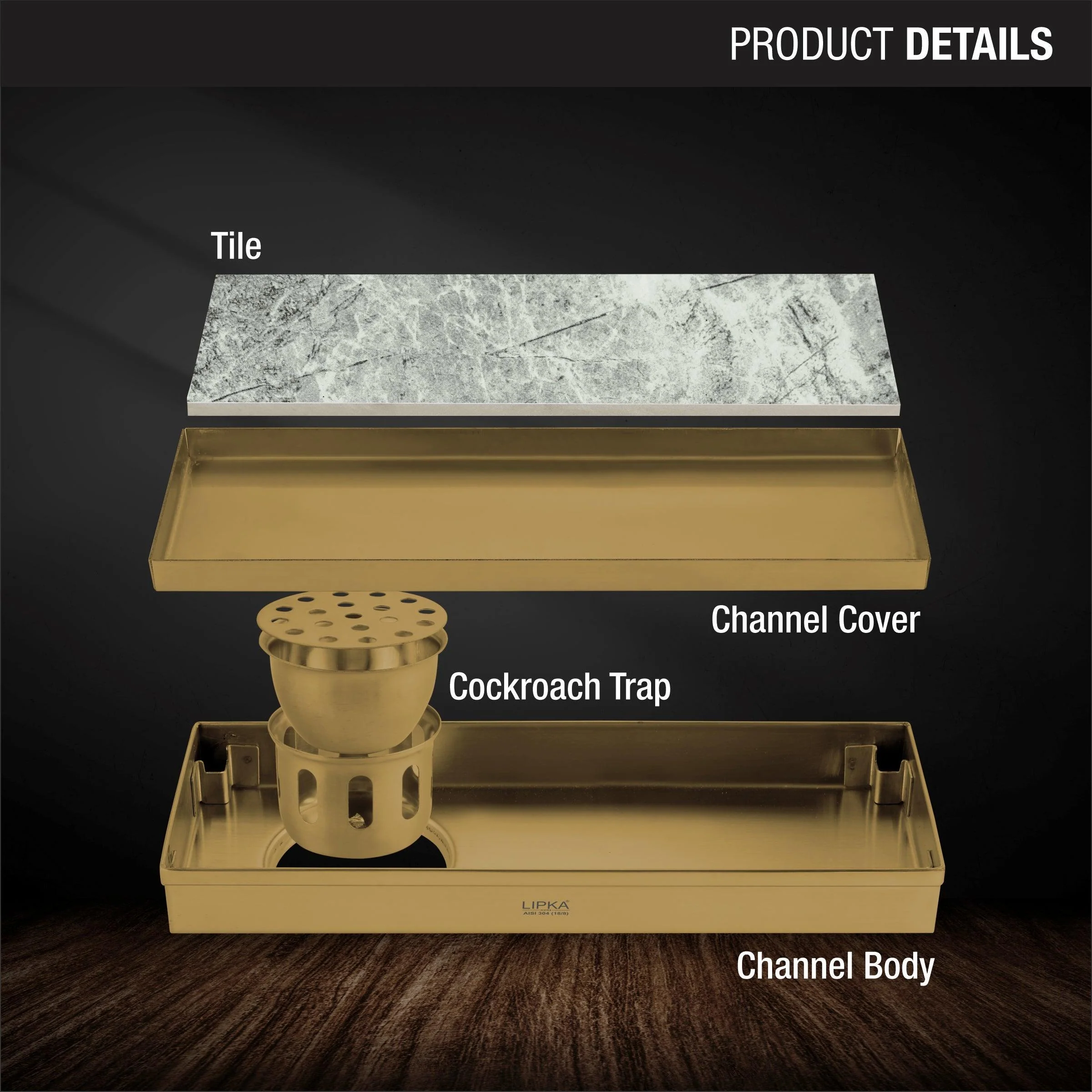 Tile Insert Shower Drain Channel - Yellow Gold (18 x 5 Inches) - LIPKA - Image 3