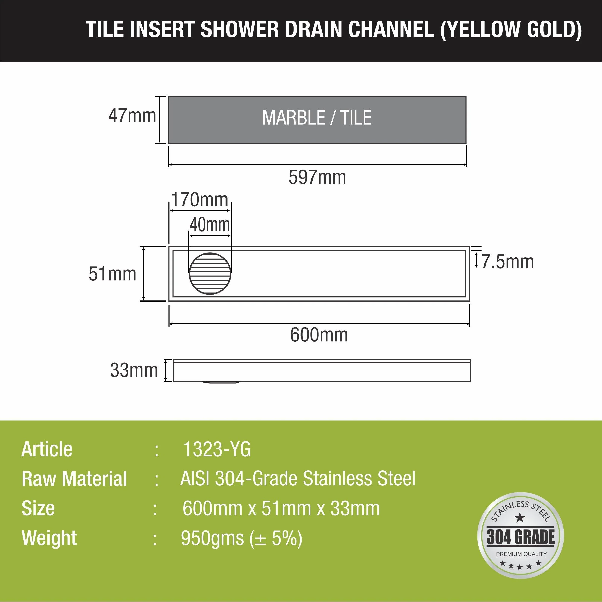 Tile Insert Shower Drain Channel - Yellow Gold (24 x 2 Inches) - LIPKA - Image 2