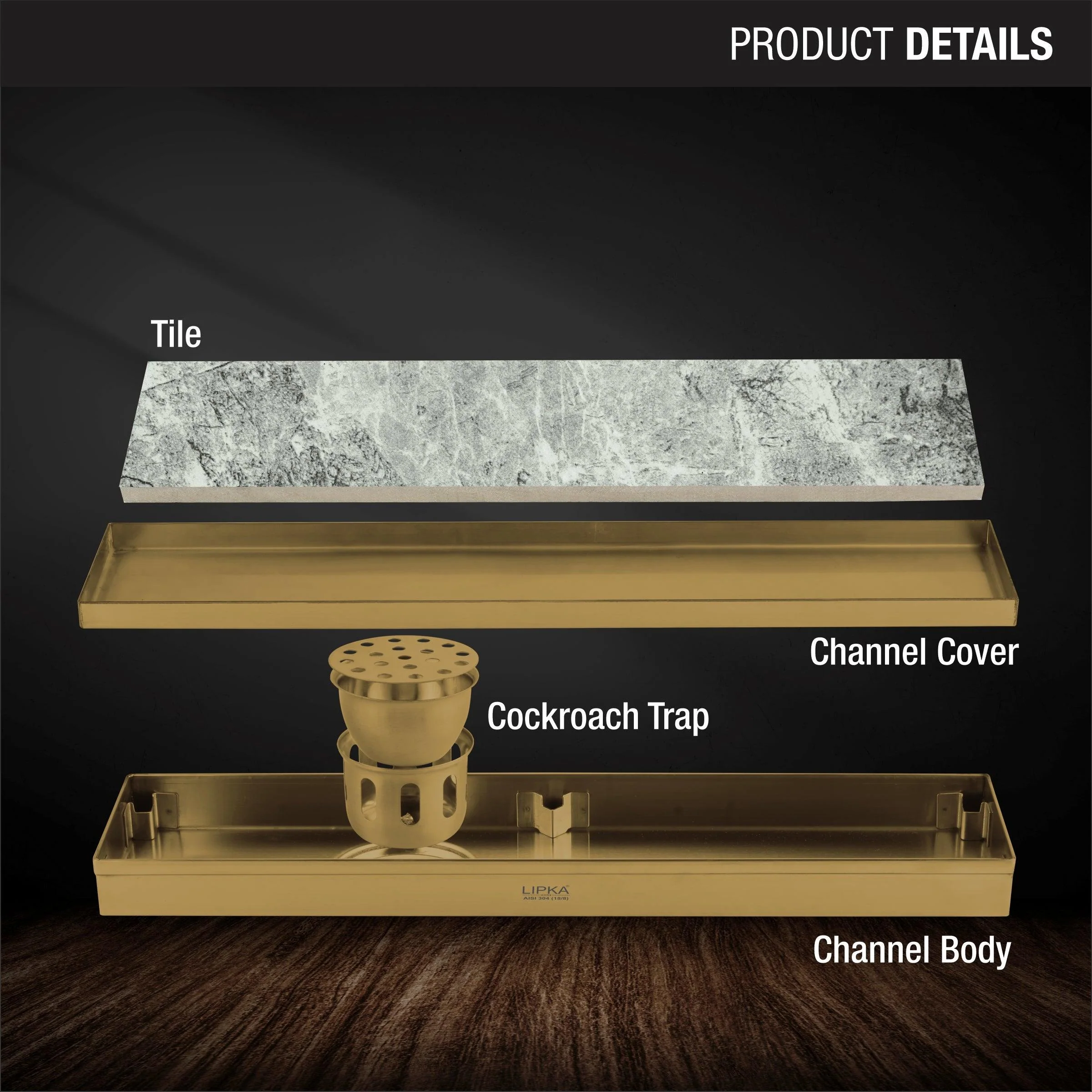 Tile Insert Shower Drain Channel - Yellow Gold (24 x 5 Inches) - LIPKA - Image 3