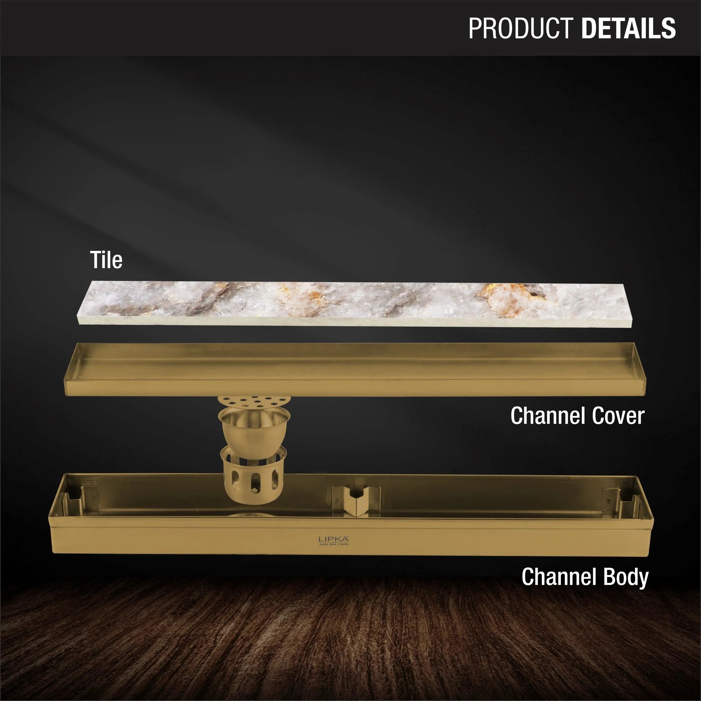 Tile Insert Shower Drain Channel - Yellow Gold (32 x 3 Inches) - LIPKA - Image 3