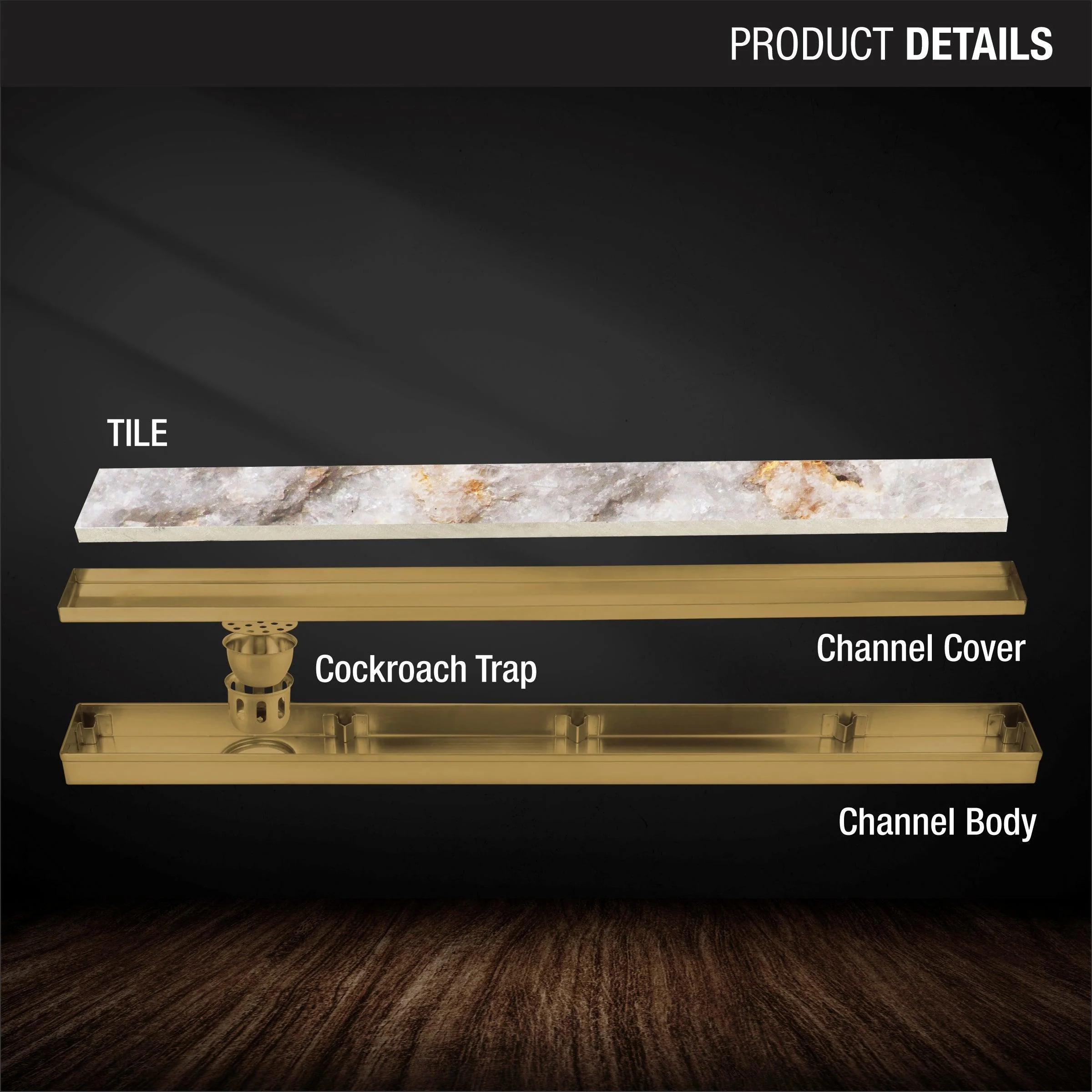 Tile Insert Shower Drain Channel - Yellow Gold (40 x 3 Inches) - LIPKA - Image 3