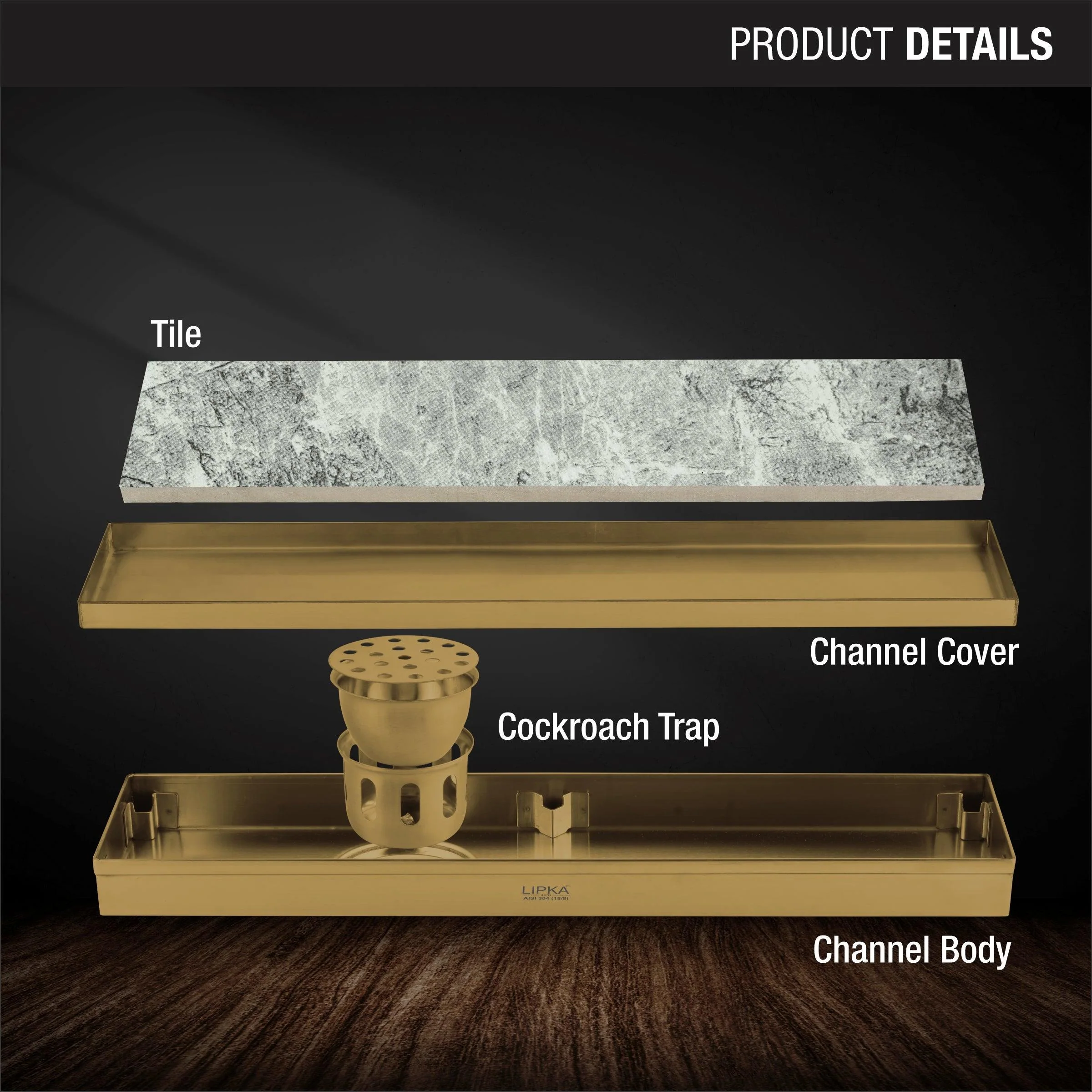 Tile Insert Shower Drain Channel - Yellow Gold (48 x 5 Inches) - LIPKA - Image 3