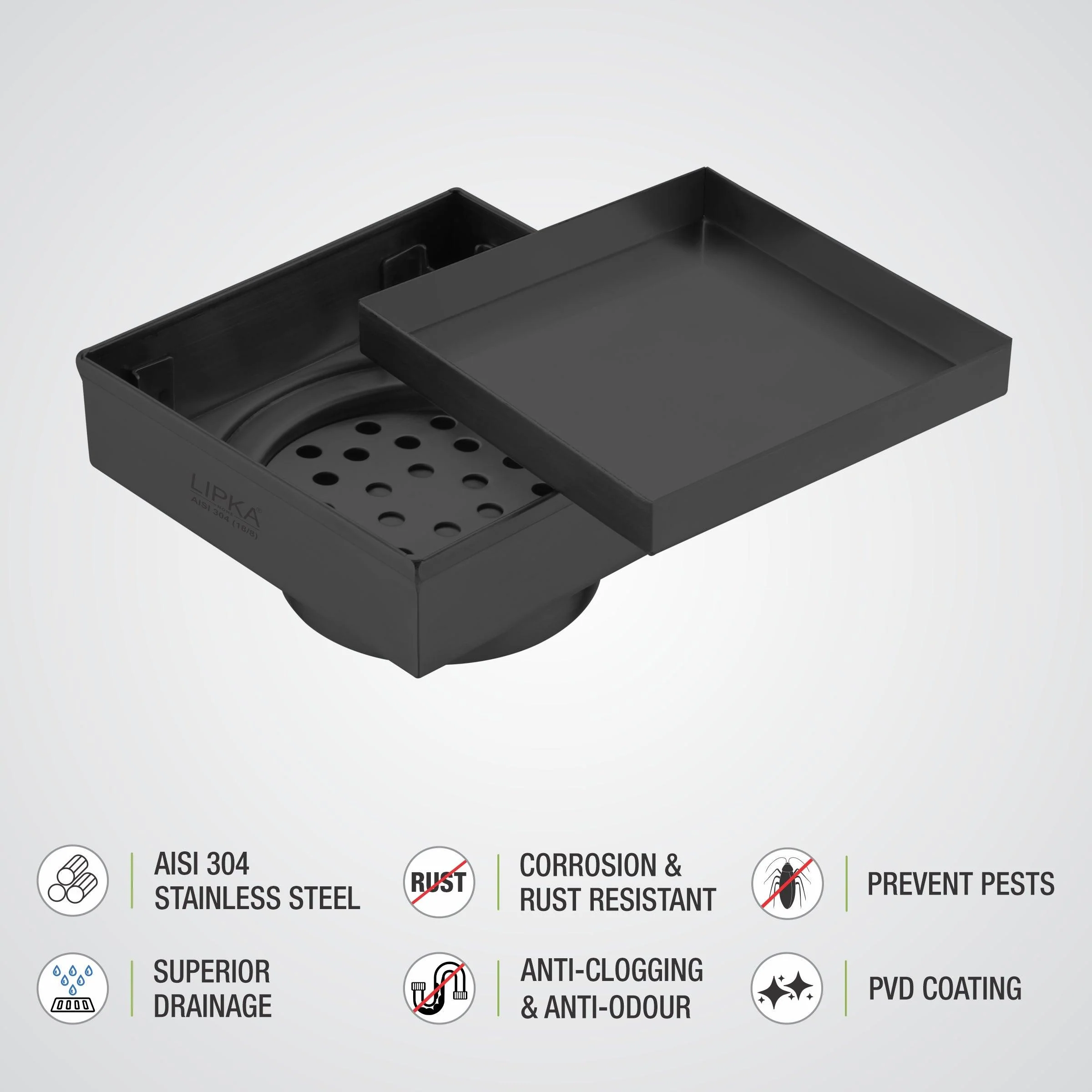 Tile Insert Square Floor Drain - Black (4 x 4 Inches) - LIPKA - Image 4