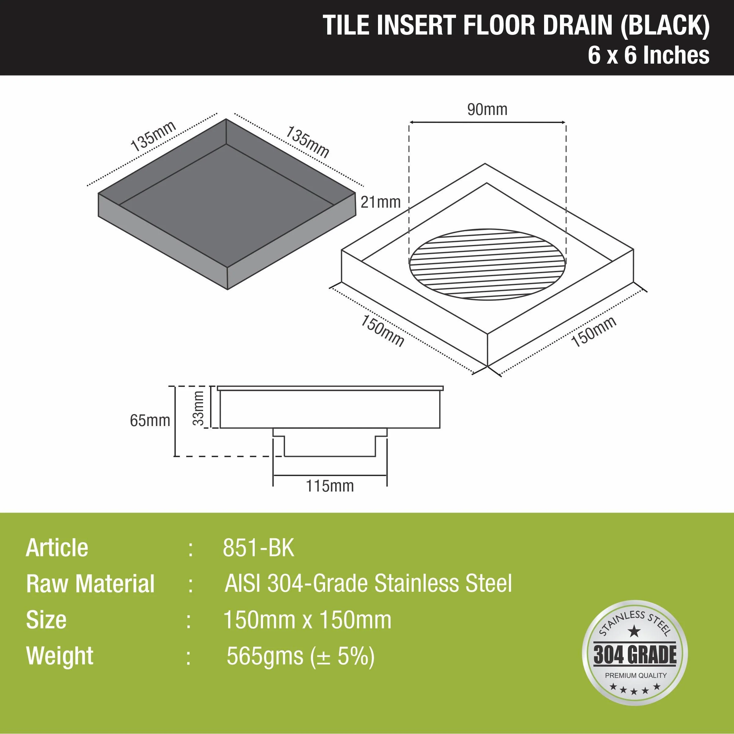 Tile Insert Square Floor Drain - Black (6 x 6 Inches) - LIPKA - Image 2
