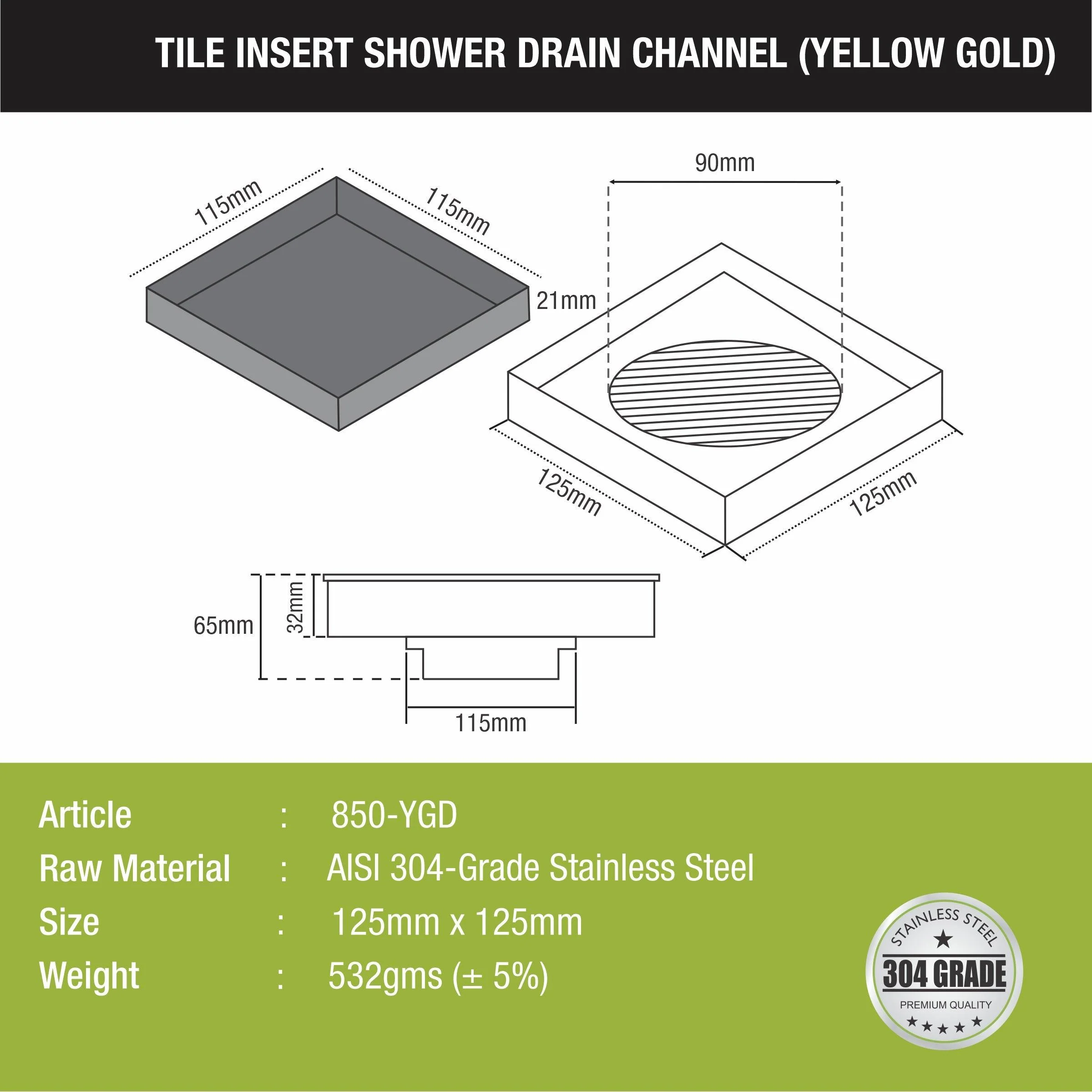 Tile Insert Square Floor Drain - Yellow Gold (5 x 5 Inches) - LIPKA - Image 2