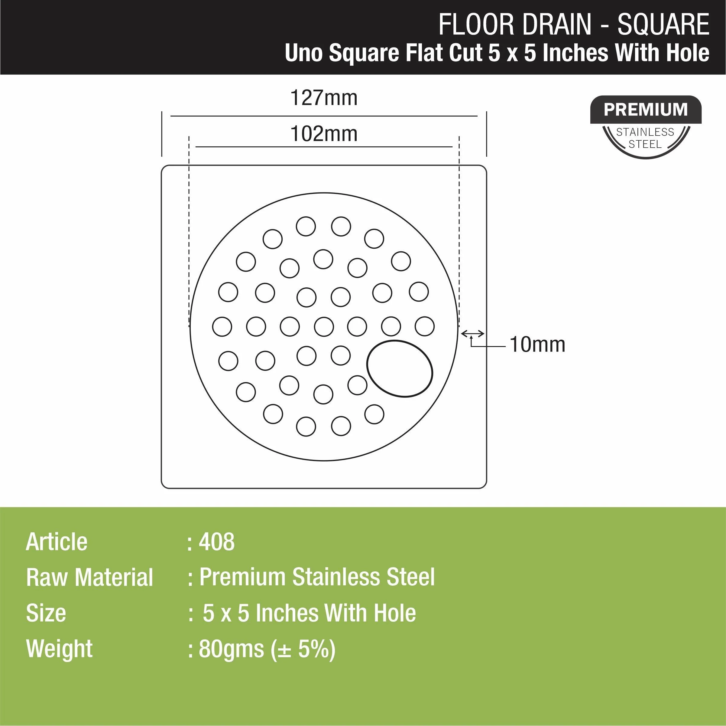 UNO Square Flat Cut Floor Drain (5 x 5 Inches) with Hole - LIPKA - Image 2