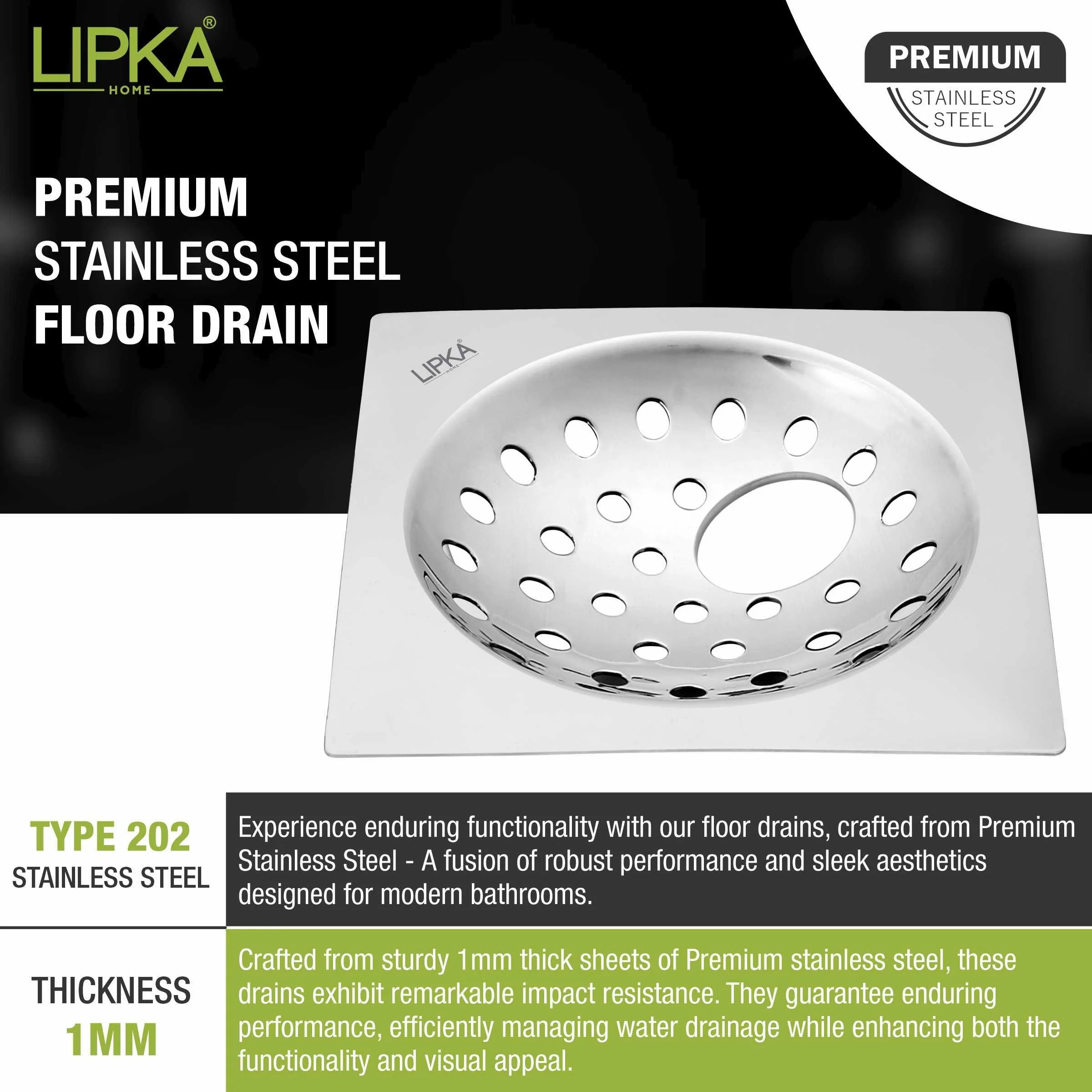 UNO Square Flat Cut Floor Drain (5 x 5 Inches) with Hole - LIPKA - Image 4