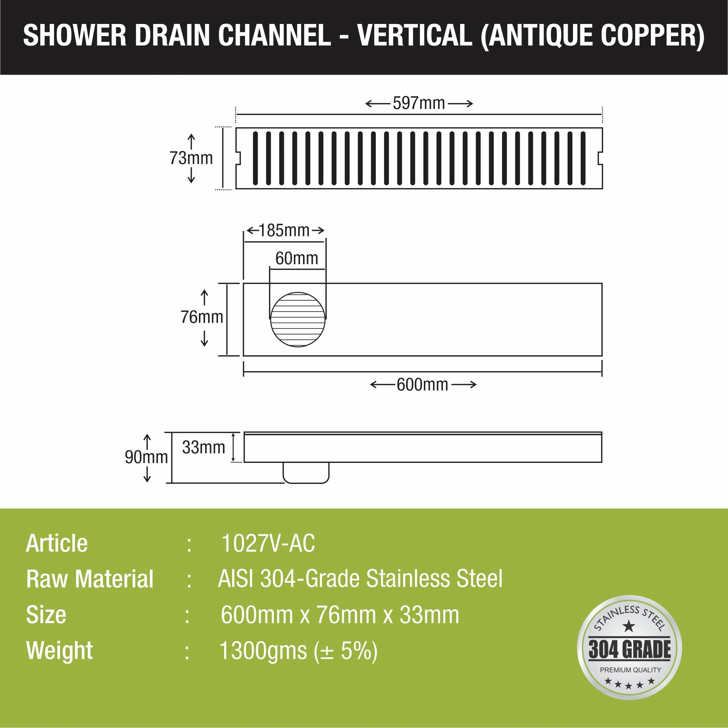 Vertical Shower Drain Channel - Antique Copper (24 x 3 Inches) - LIPKA - Image 2