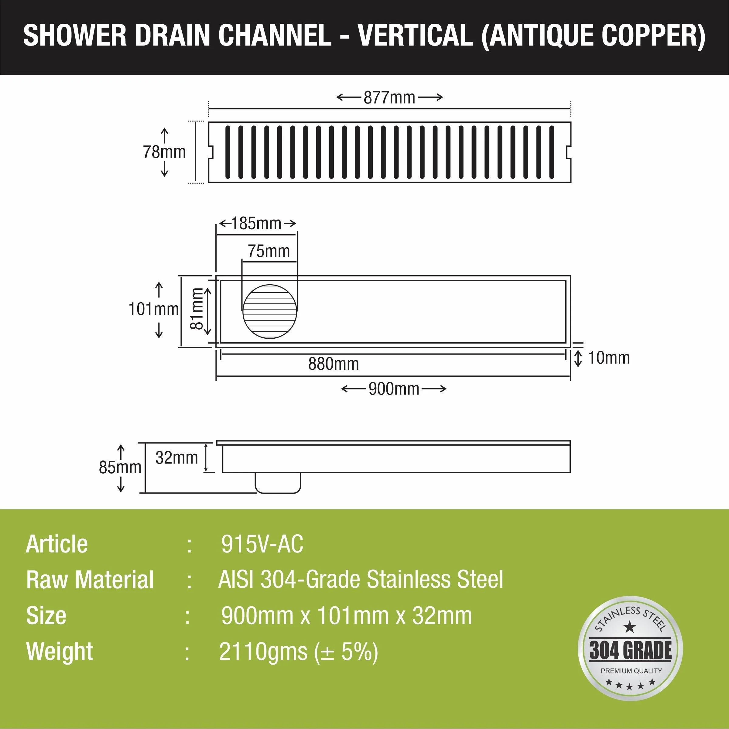 Vertical Shower Drain Channel - Antique Copper (36 x 4 Inches) - LIPKA - Image 2