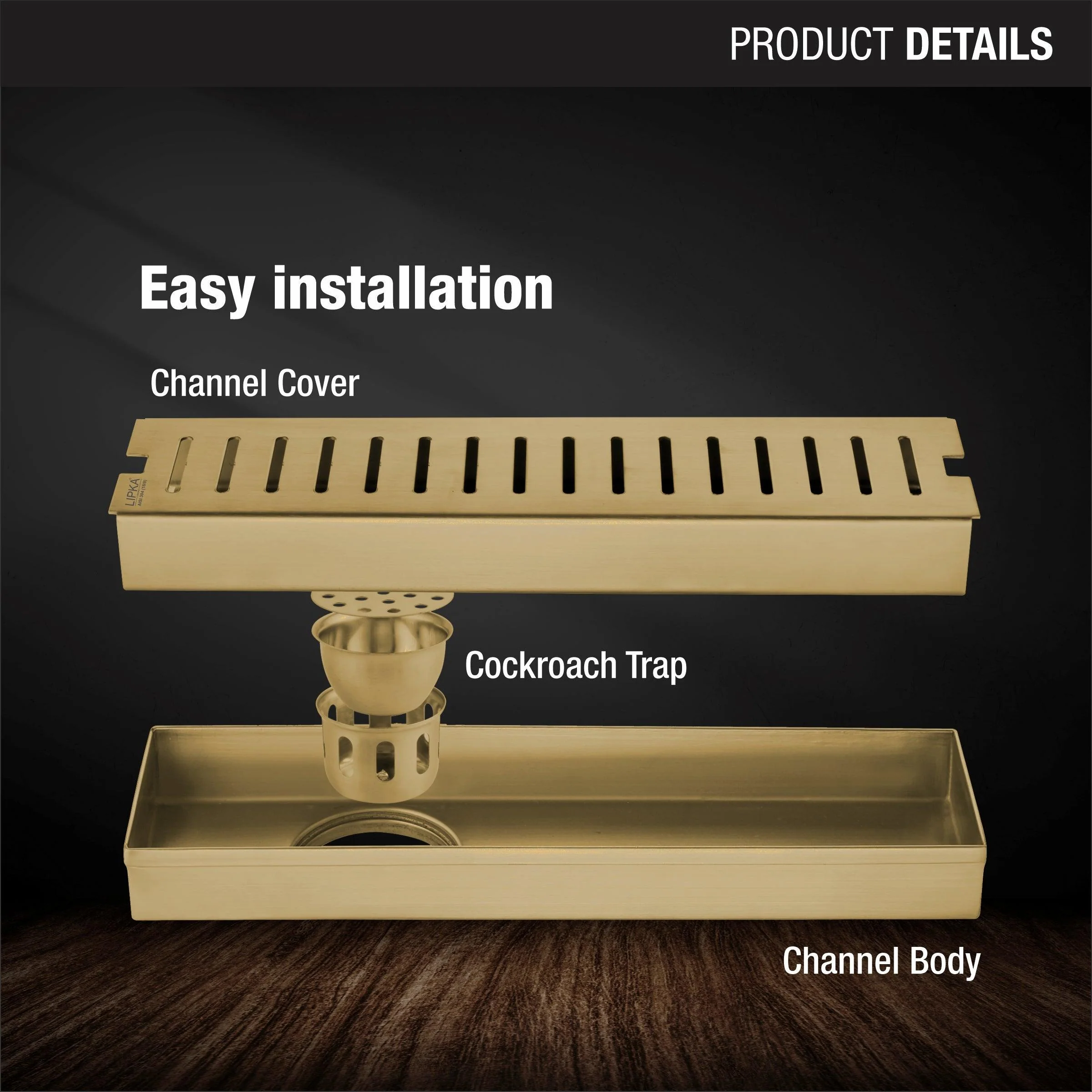 Vertical Shower Drain Channel - Yellow Gold (18 x 3 Inches) - LIPKA - Image 3