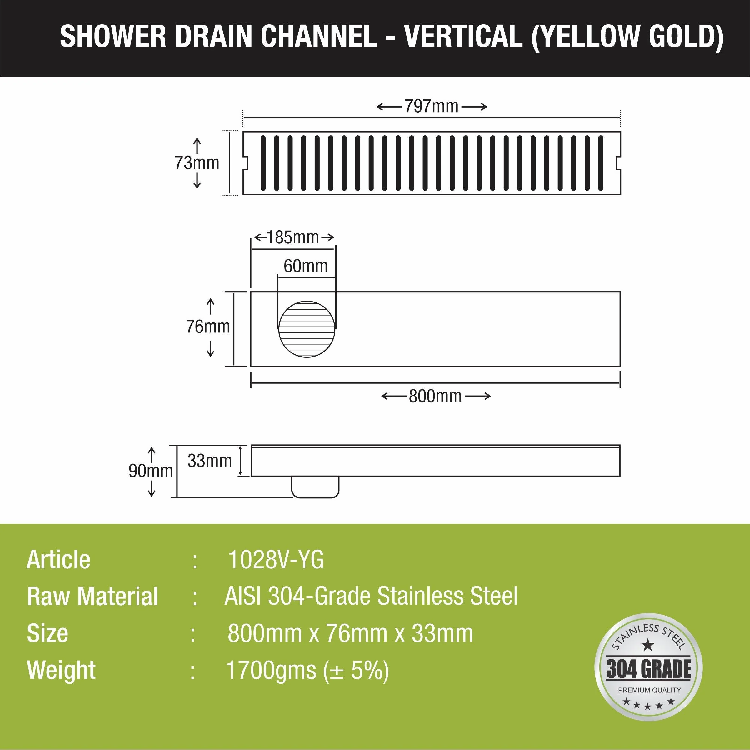Vertical Shower Drain Channel - Yellow Gold (32 x 3 Inches) - LIPKA - Image 2