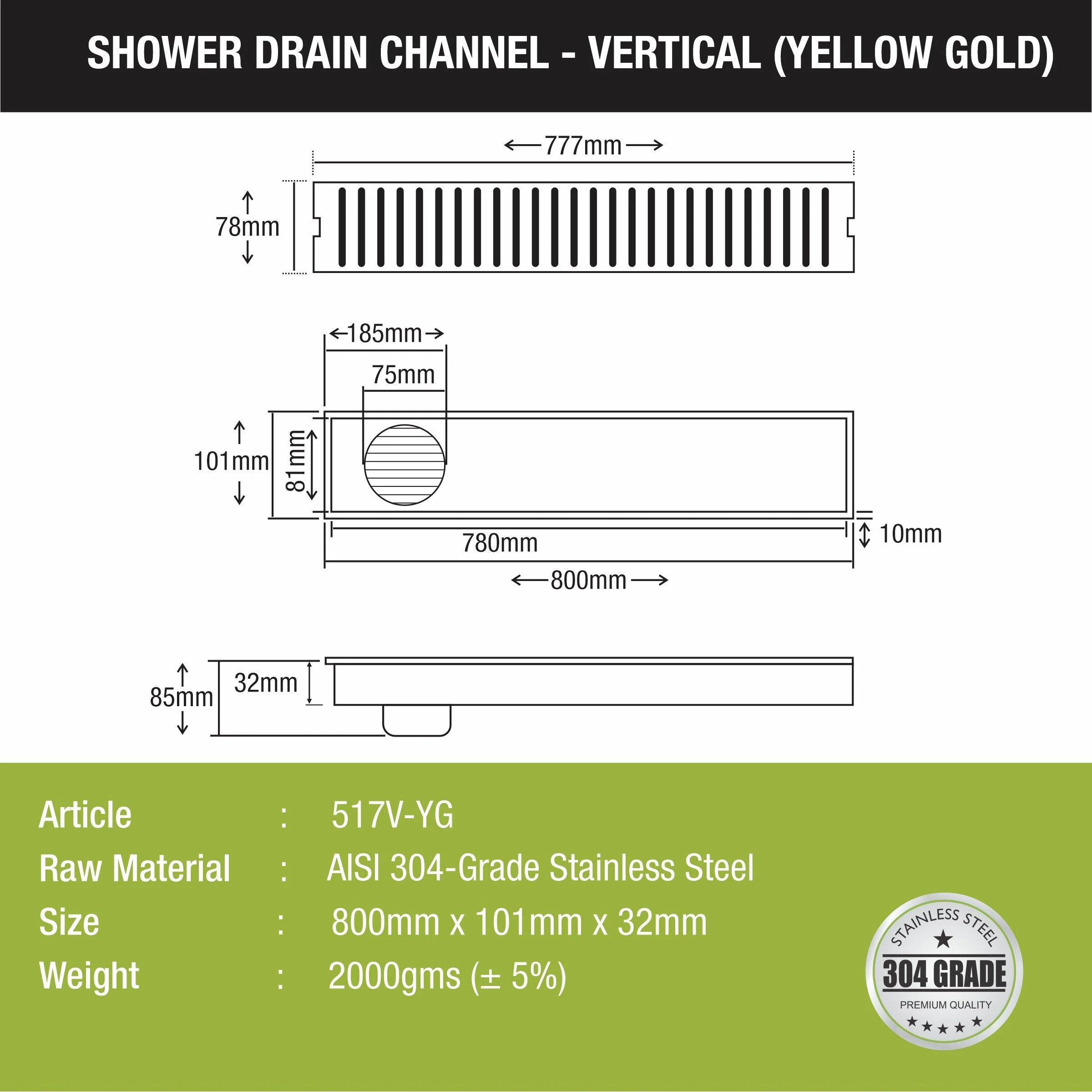 Vertical Shower Drain Channel - Yellow Gold (32 x 4 Inches) - LIPKA - Image 2