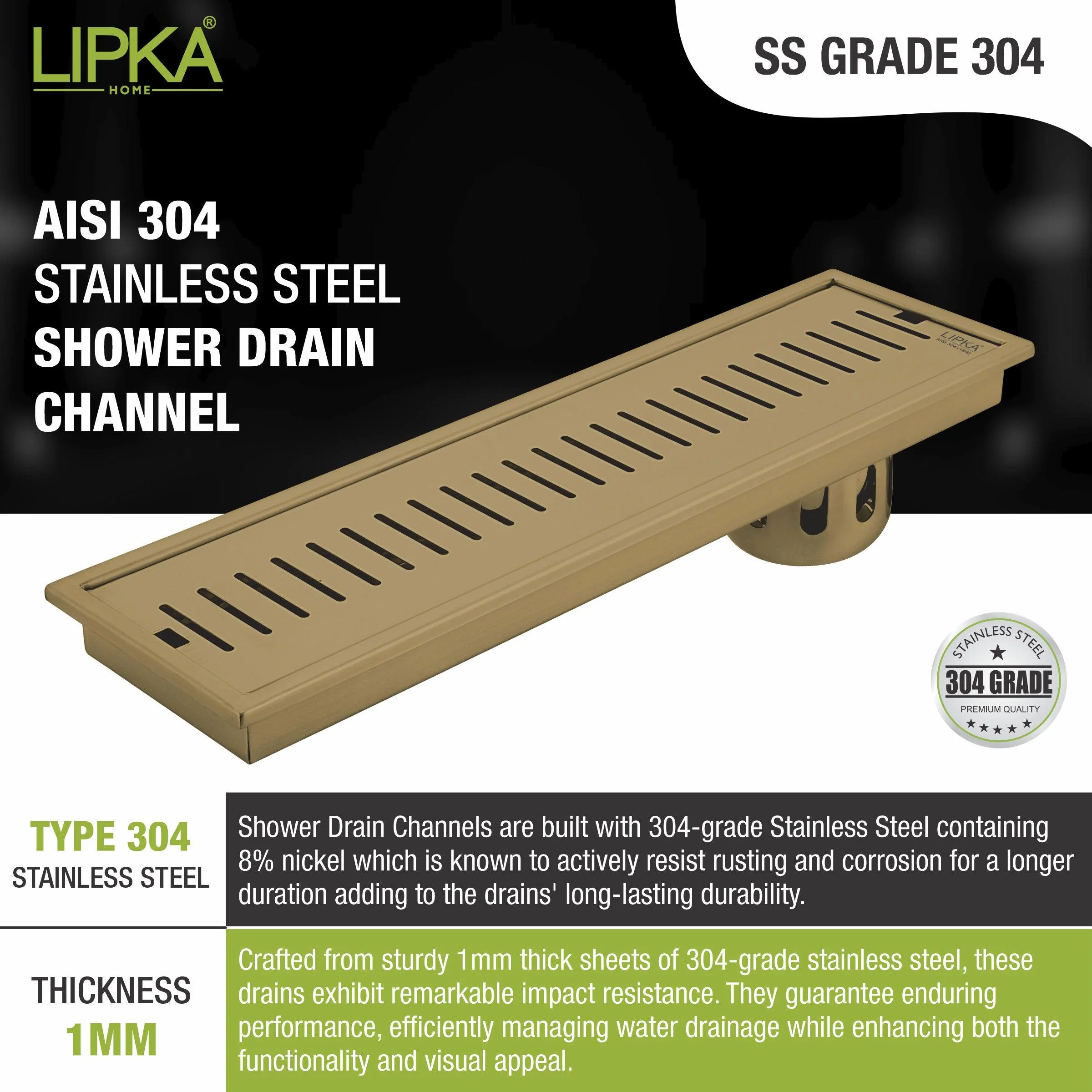 Vertical Shower Drain Channel - Yellow Gold (40 x 4 Inches) - LIPKA - Image 7
