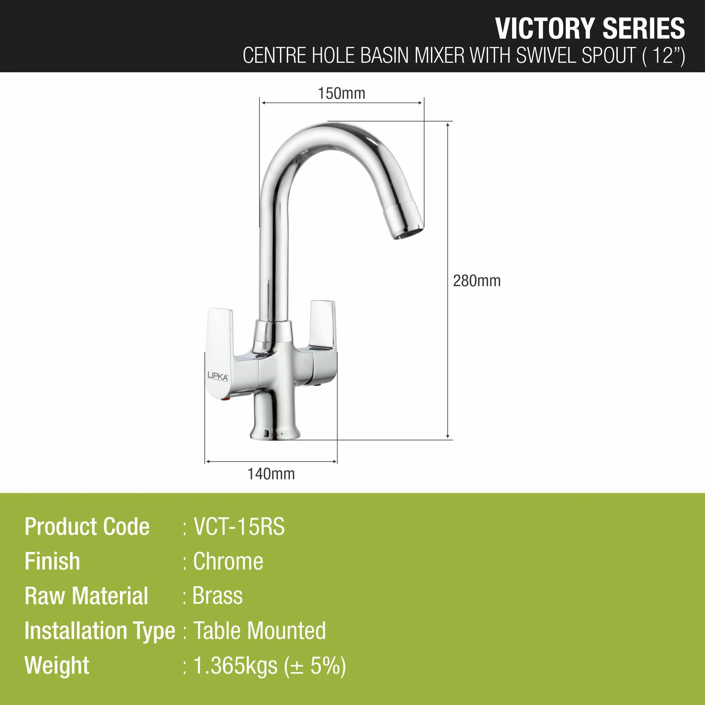 Victory Centre Hole Basin Mixer with Small (12 Inches) Round Swivel Spout Faucet - LIPKA - Image 2