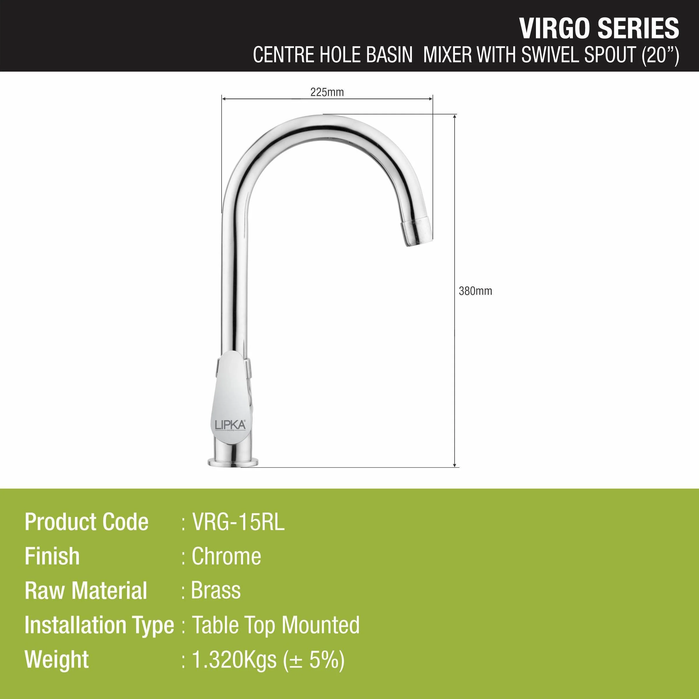 Virgo Centre Hole Basin Mixer Brass Faucet with Round Swivel Spout (20 Inches) - LIPKA - Image 2