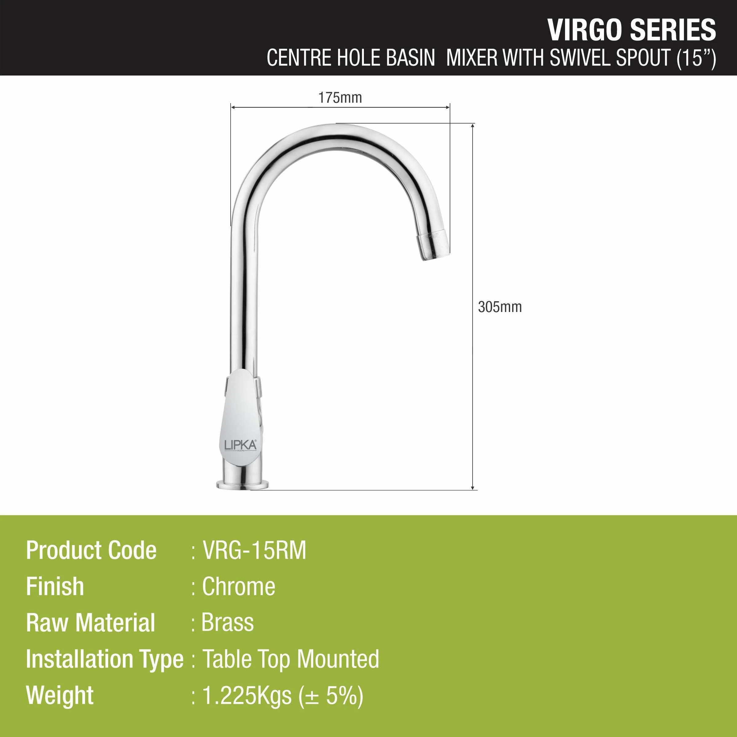 Virgo Centre Hole Basin Mixer Brass Faucet with Round Swivel Spout (15 Inches) - LIPKA - Image 2