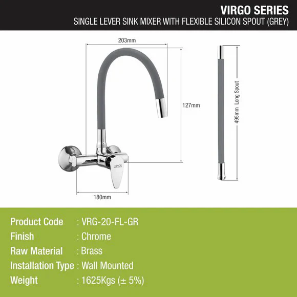 Virgo Single Lever Sink Mixer with Grey Flexible Silicone Spout (20 Inches) - LIPKA - Image 2