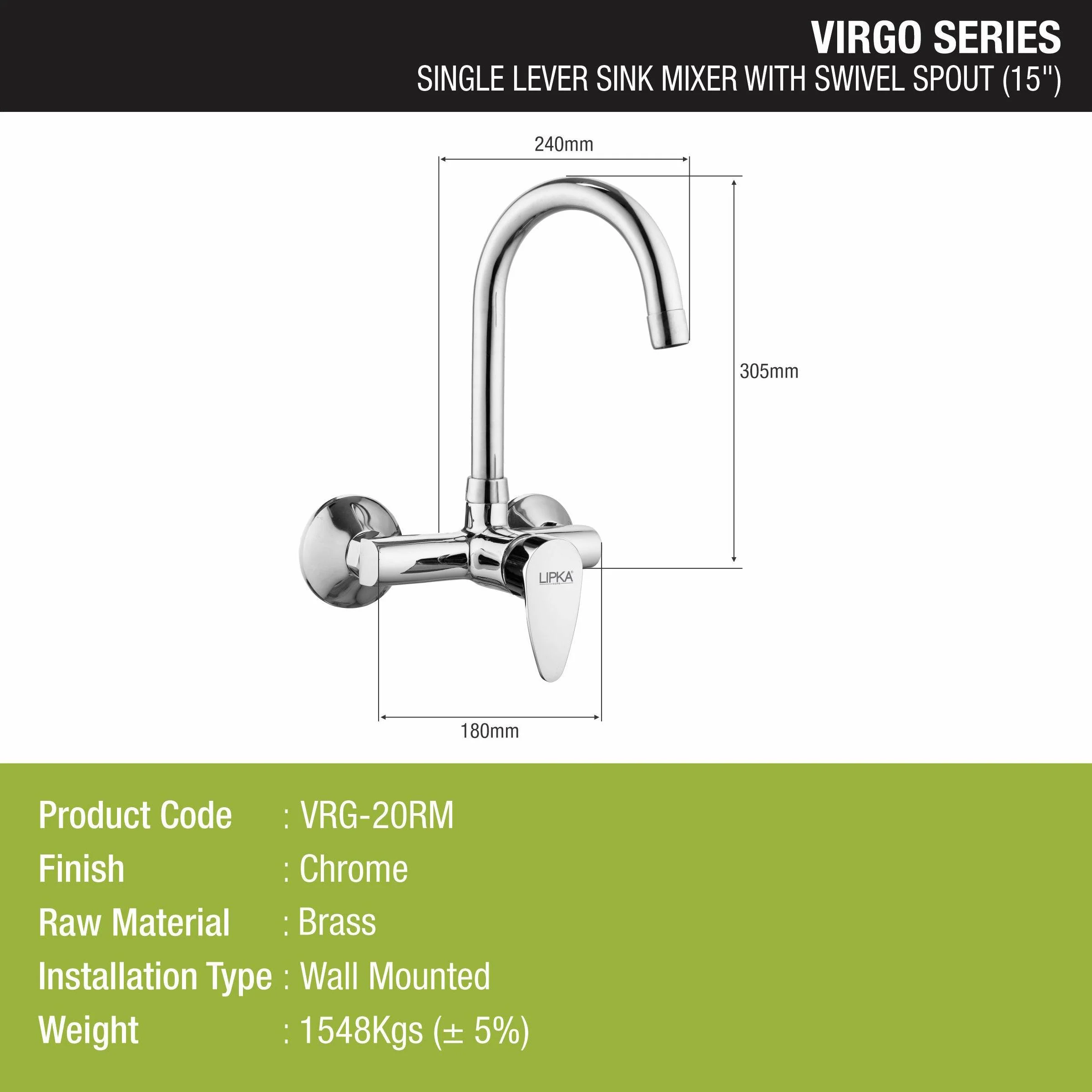 Virgo Single Lever Sink Mixer with Swivel Spout (15 Inches) - LIPKA - Image 2
