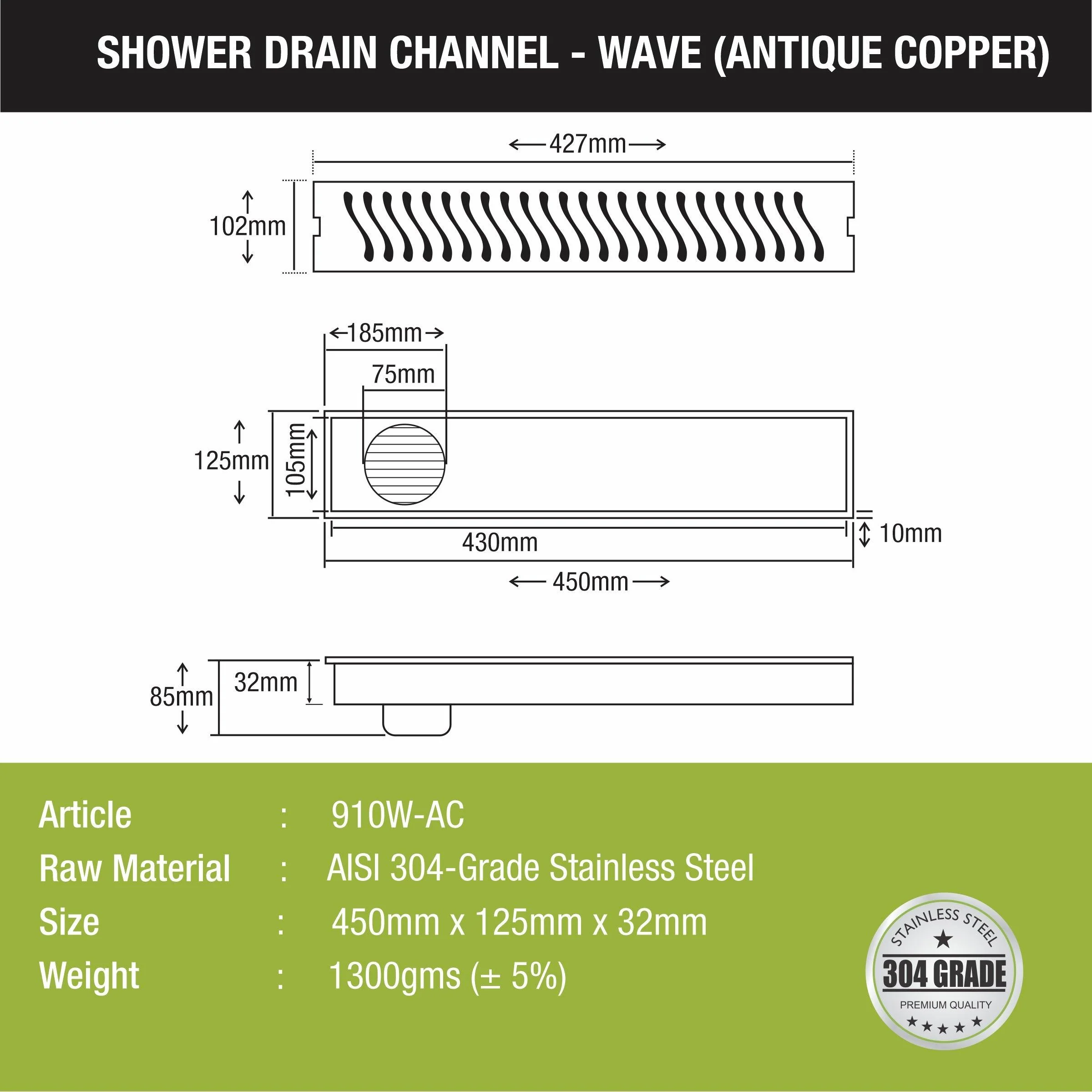 Wave Shower Drain Channel - Antique Copper (18 x 5 Inches) - LIPKA - Image 2