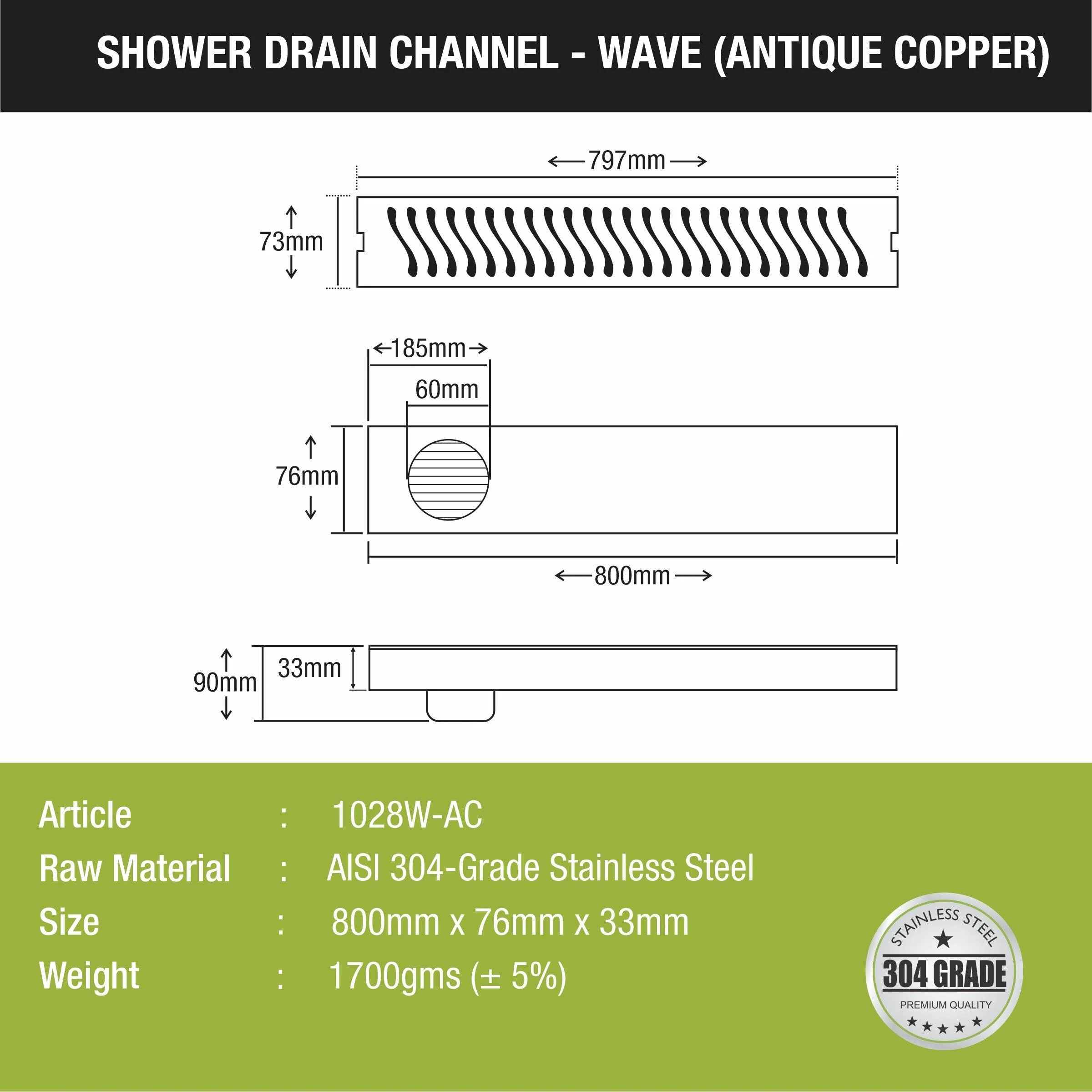 Wave Shower Drain Channel - Antique Copper (32 x 3 Inches) - LIPKA - Image 2