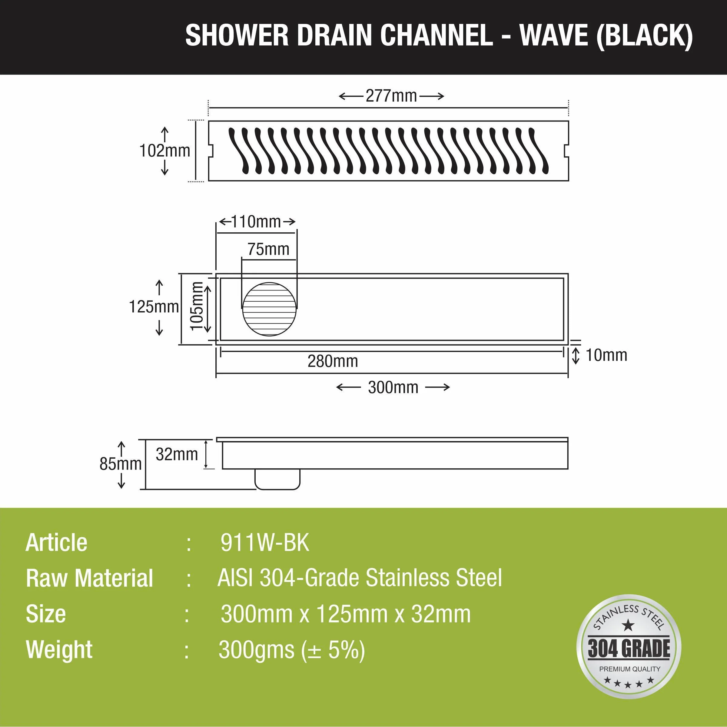 Wave Shower Drain Channel - Black (12 x 5 Inches) - LIPKA - Image 2