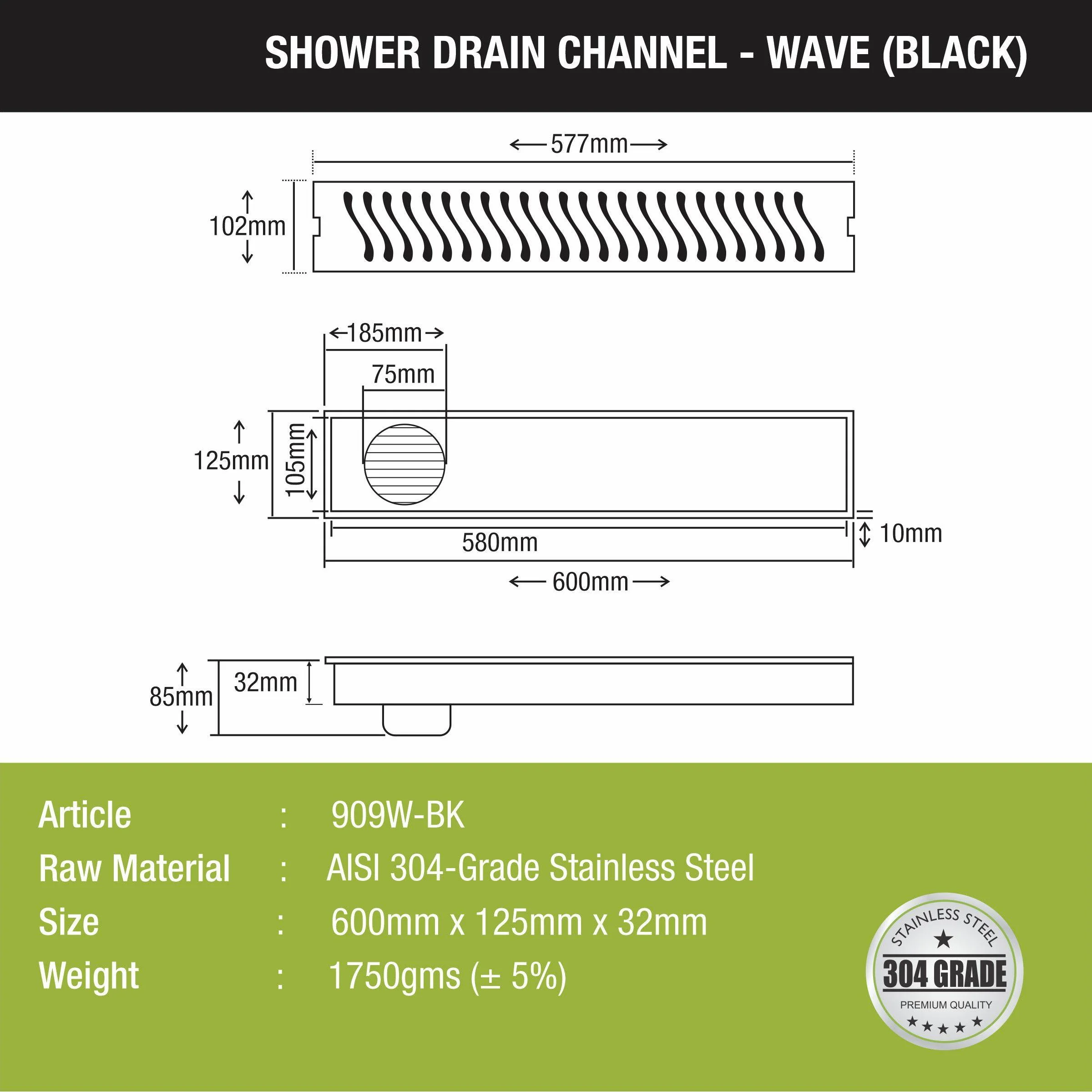 Wave Shower Drain Channel - Black (24 x 5 Inches) - LIPKA - Image 2