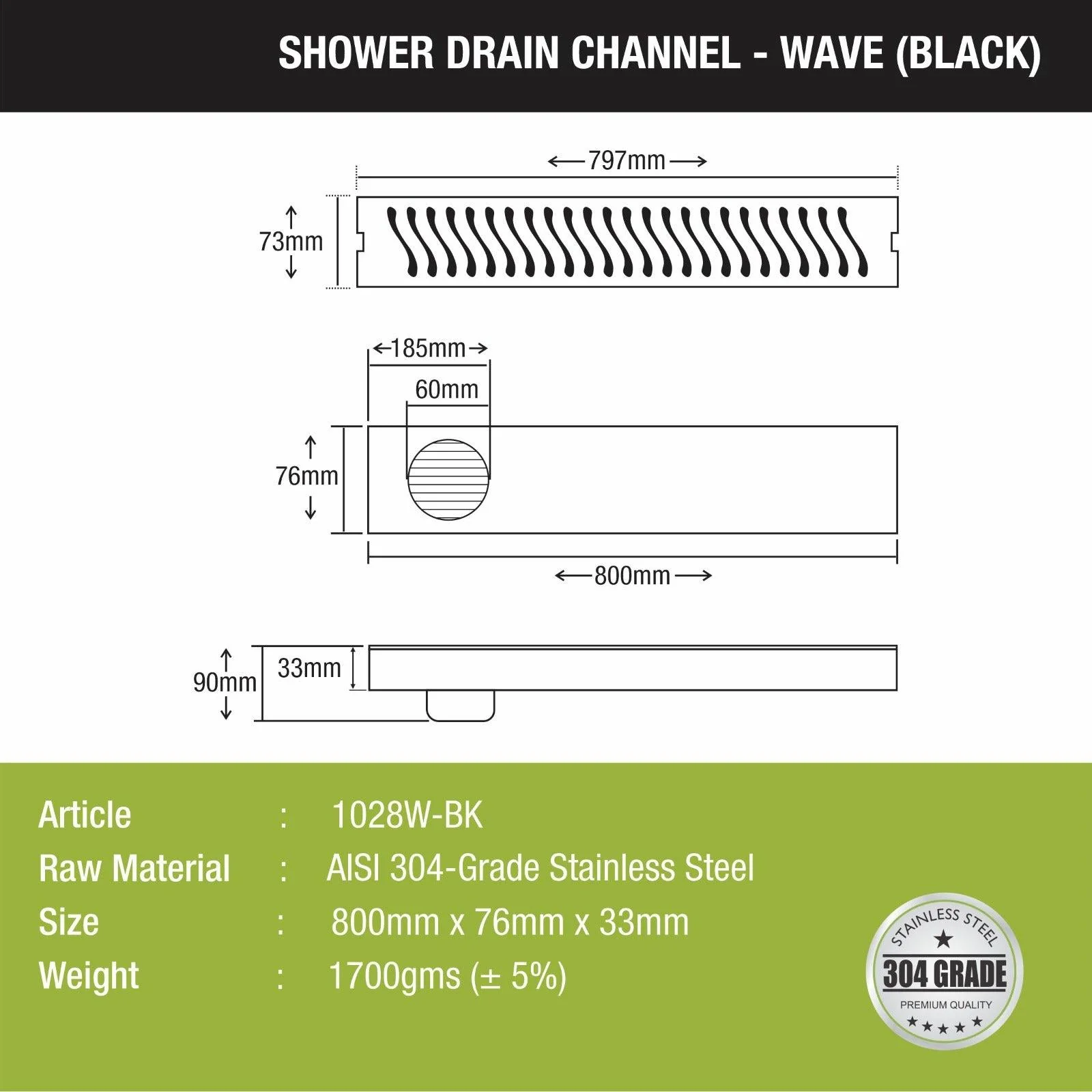 Wave Shower Drain Channel - Black (32 x 3 Inches) - LIPKA - Image 2