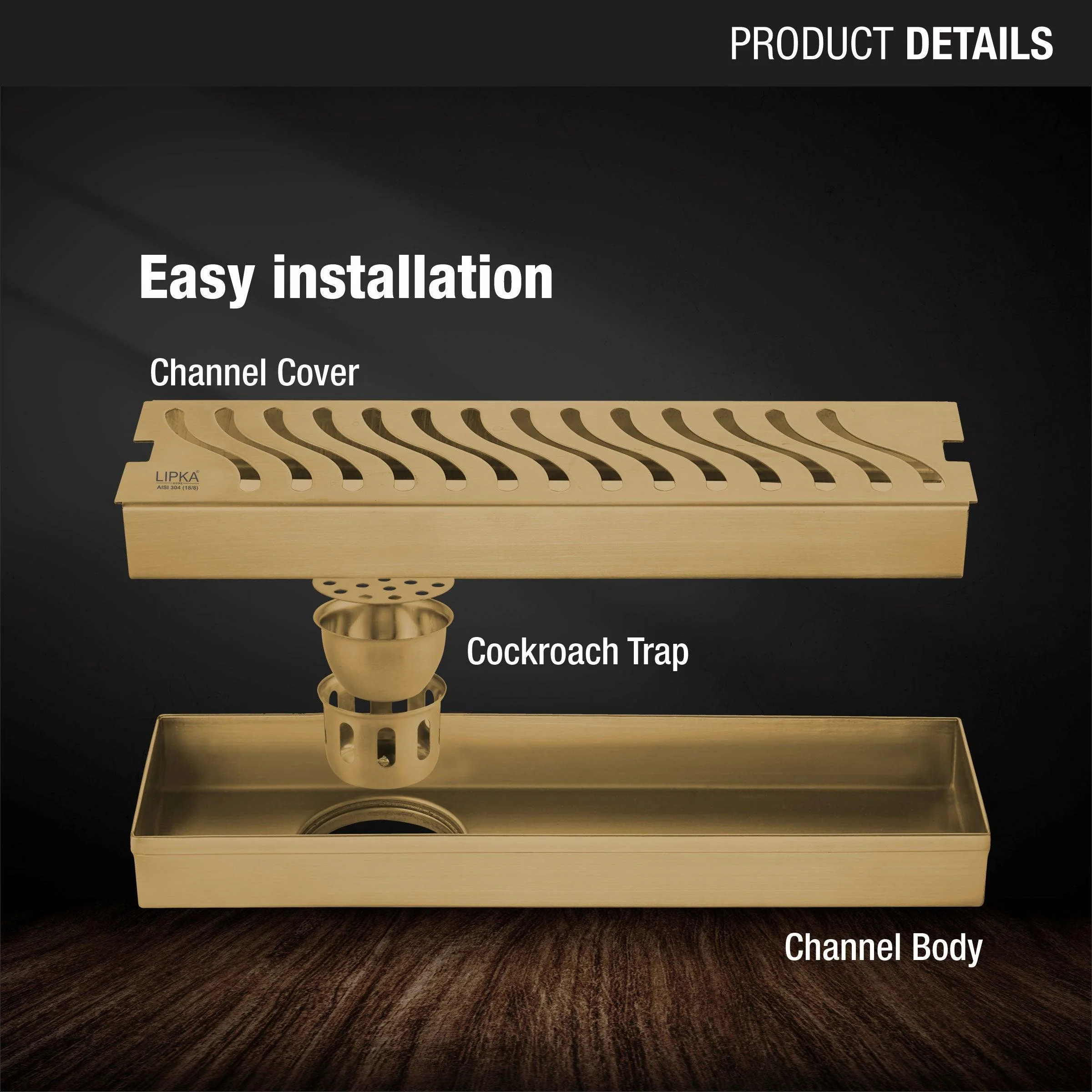 Wave Shower Drain Channel - Yellow Gold (12 x 3 Inches) - LIPKA - Image 3