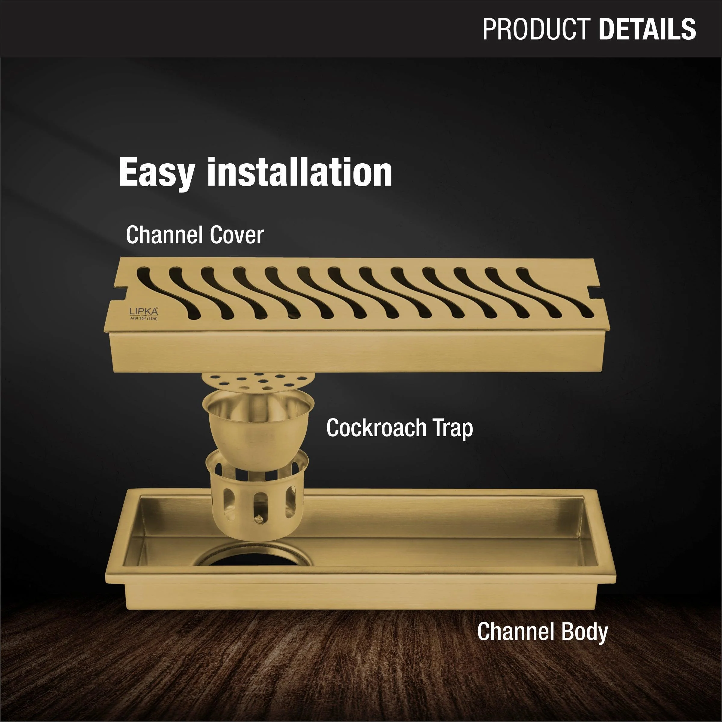 Wave Shower Drain Channel - Yellow Gold (24 x 4 Inches) - LIPKA - Image 3