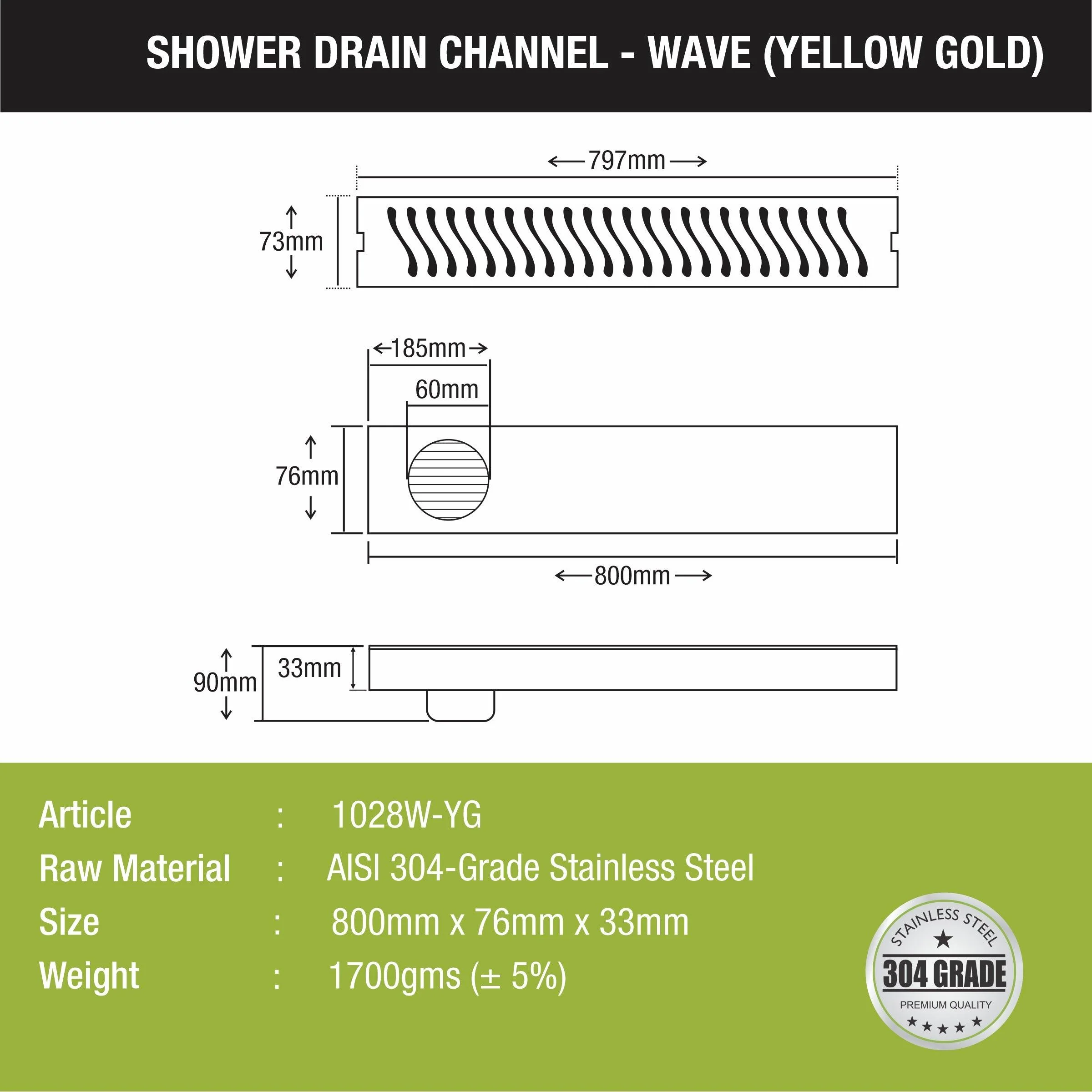 Wave Shower Drain Channel - Yellow Gold (32 x 3 Inches) - LIPKA - Image 2