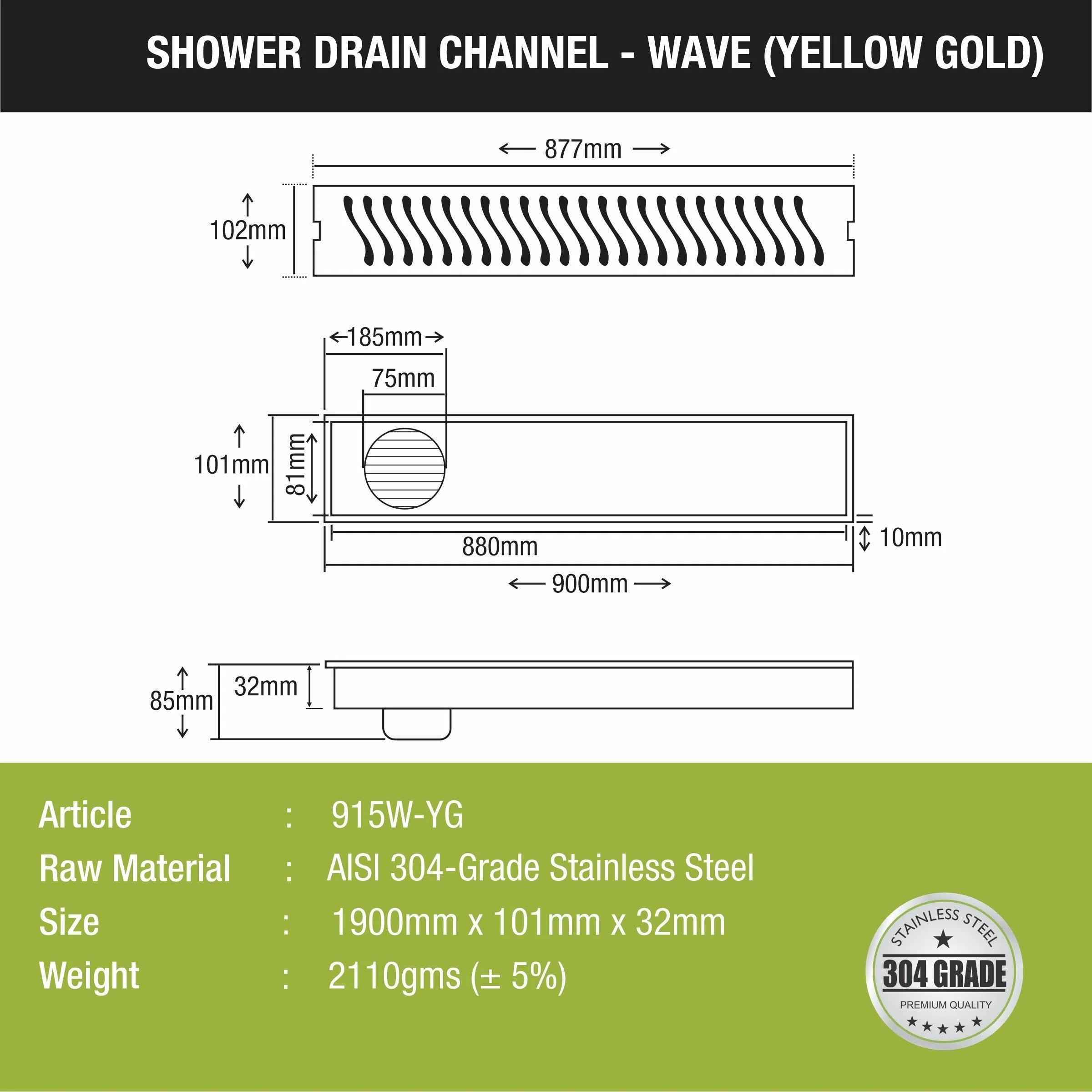 Wave Shower Drain Channel - Yellow Gold (36 x 4 Inches) - LIPKA - Image 2