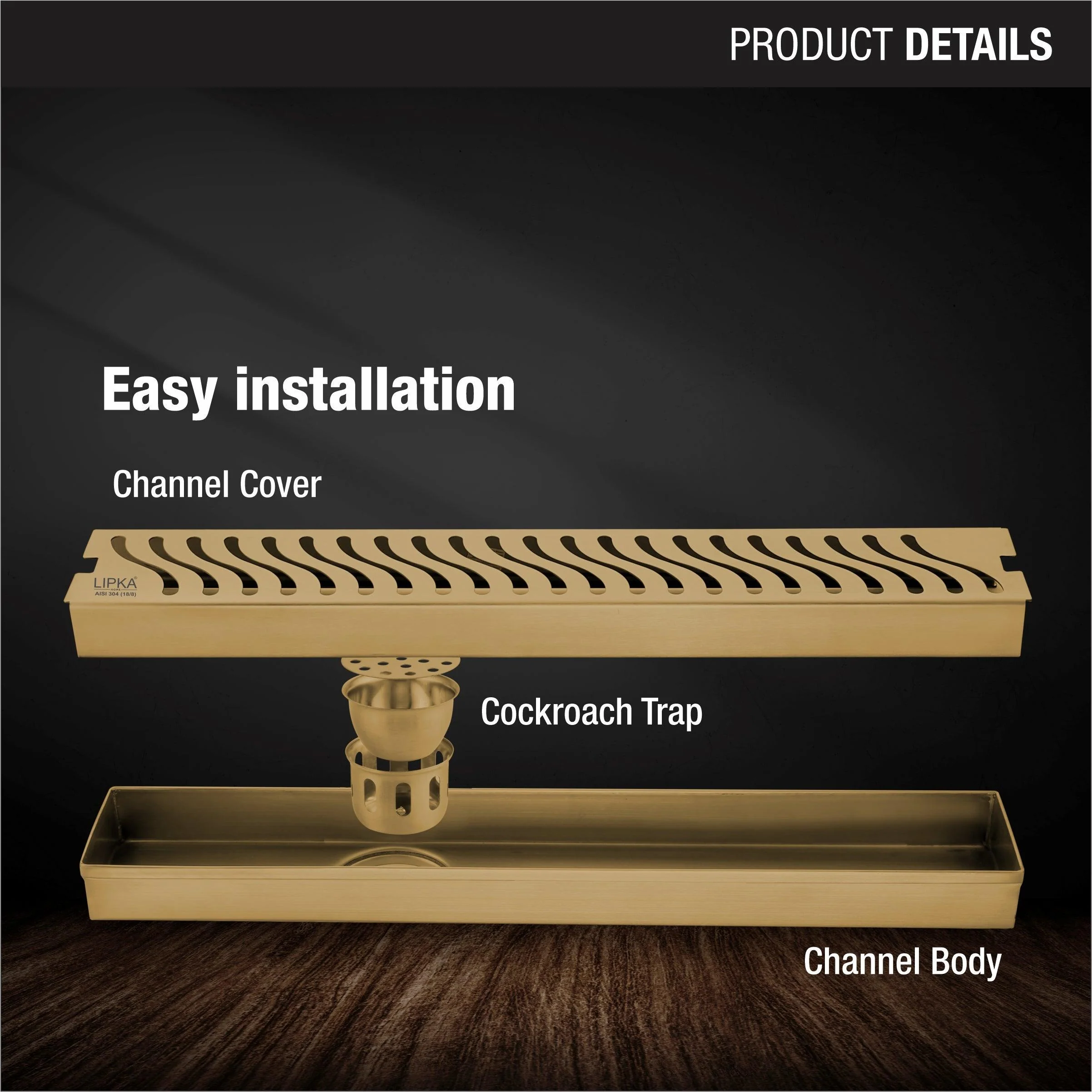 Wave Shower Drain Channel - Yellow Gold (40 x 3 Inches) - LIPKA - Image 3