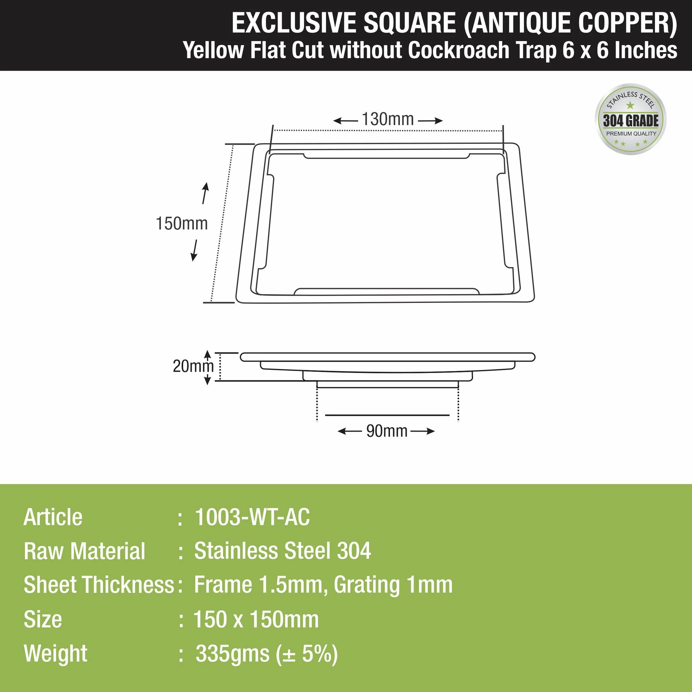 Yellow Exclusive Square Flat Cut Floor Drain in Antique Copper PVD Coating (6 x 6 Inches) - LIPKA - Image 2