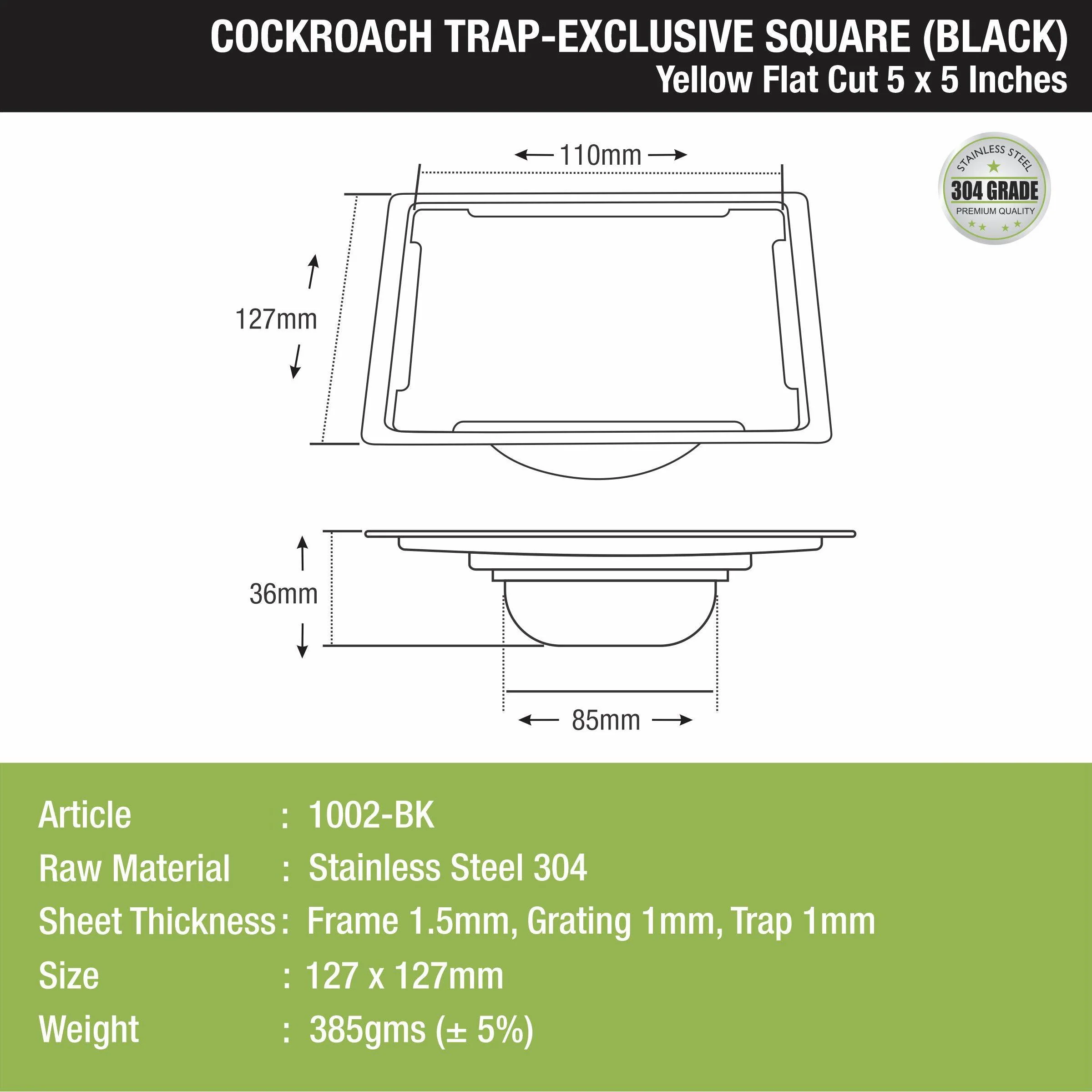 Yellow Exclusive Square Flat Cut Floor Drain in Black PVD Coating (5 x 5 Inches) with Cockroach Trap - LIPKA - Image 2
