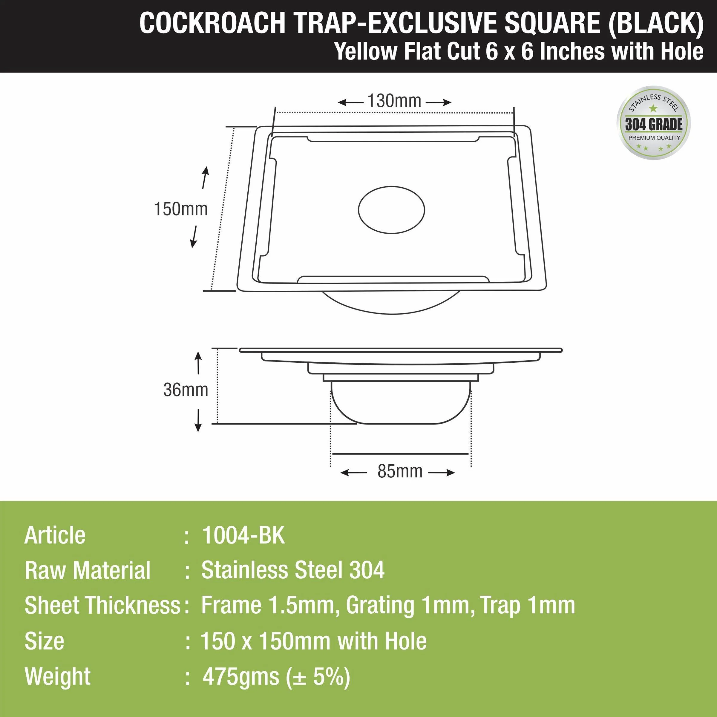 Yellow Exclusive Square Flat Cut Floor Drain in Black PVD Coating (6 x 6 Inches) with Hole & Cockroach Trap - LIPKA - Image 2
