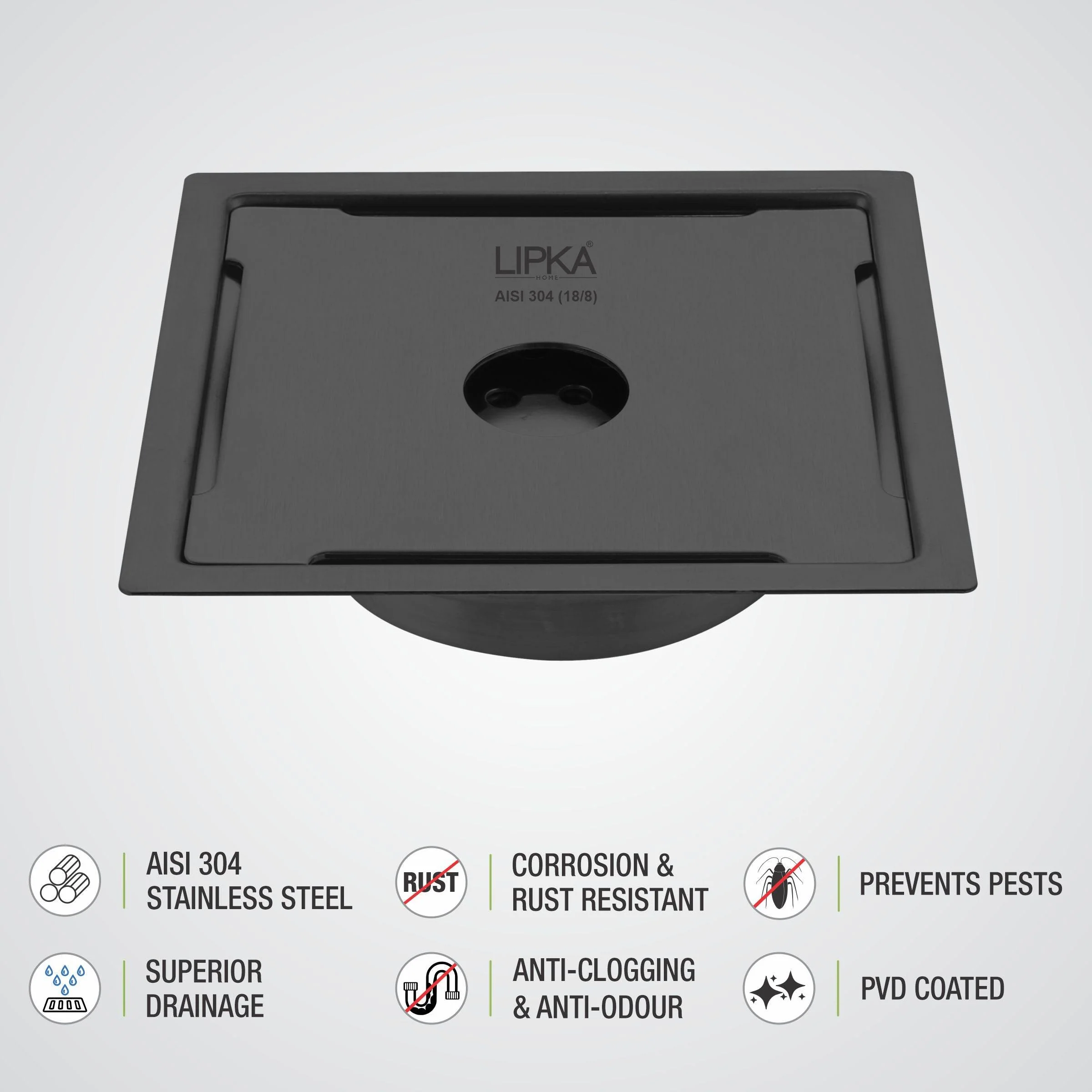 Yellow Exclusive Square Flat Cut Floor Drain in Black PVD Coating (6 x 6 Inches) with Hole & Cockroach Trap - LIPKA - Image 4