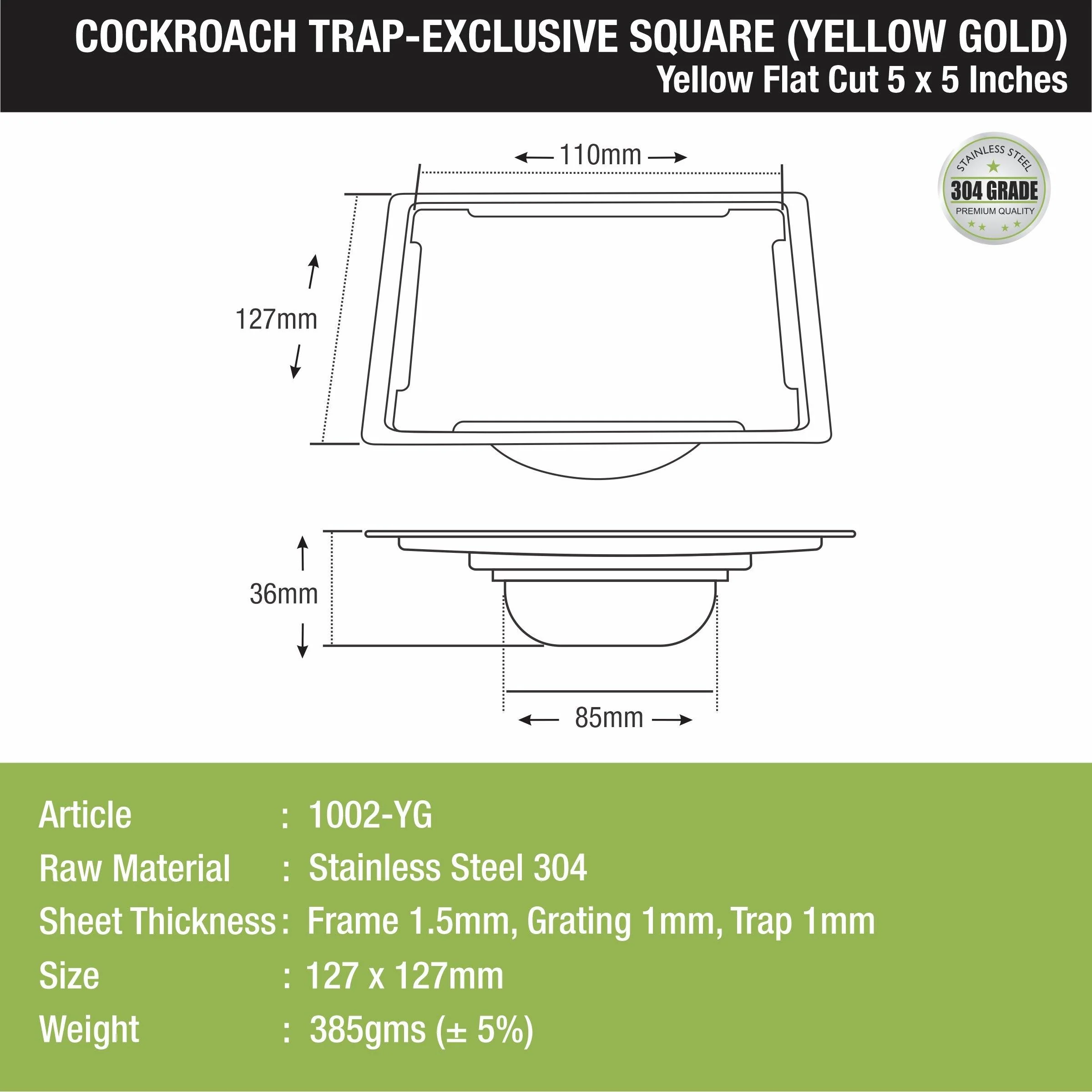 Yellow Exclusive Square Flat Cut Floor Drain in Yellow Gold PVD Coating (5 x 5 Inches) with Cockroach Trap - LIPKA - Image 2