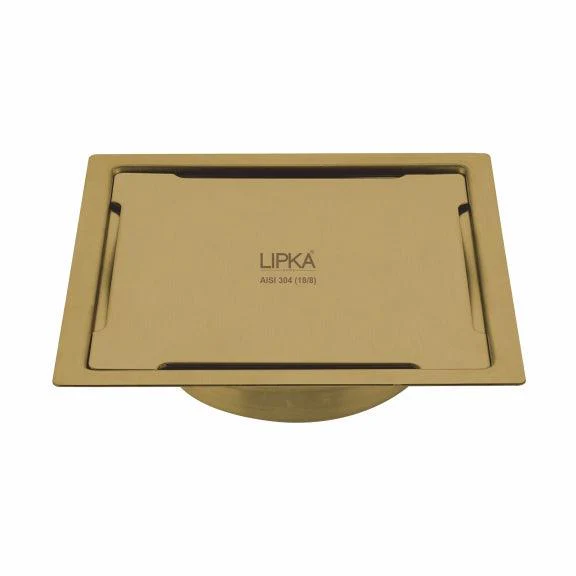 Yellow Exclusive Square Flat Cut Floor Drain in Yellow Gold PVD Coating (6 x 6 Inches) with Cockroach Trap - LIPKA