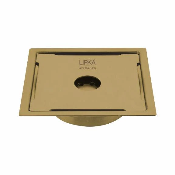 Yellow Exclusive Square Flat Cut Floor Drain in Yellow Gold PVD Coating (6 x 6 Inches) with Hole & Cockroach Trap - LIPKA
