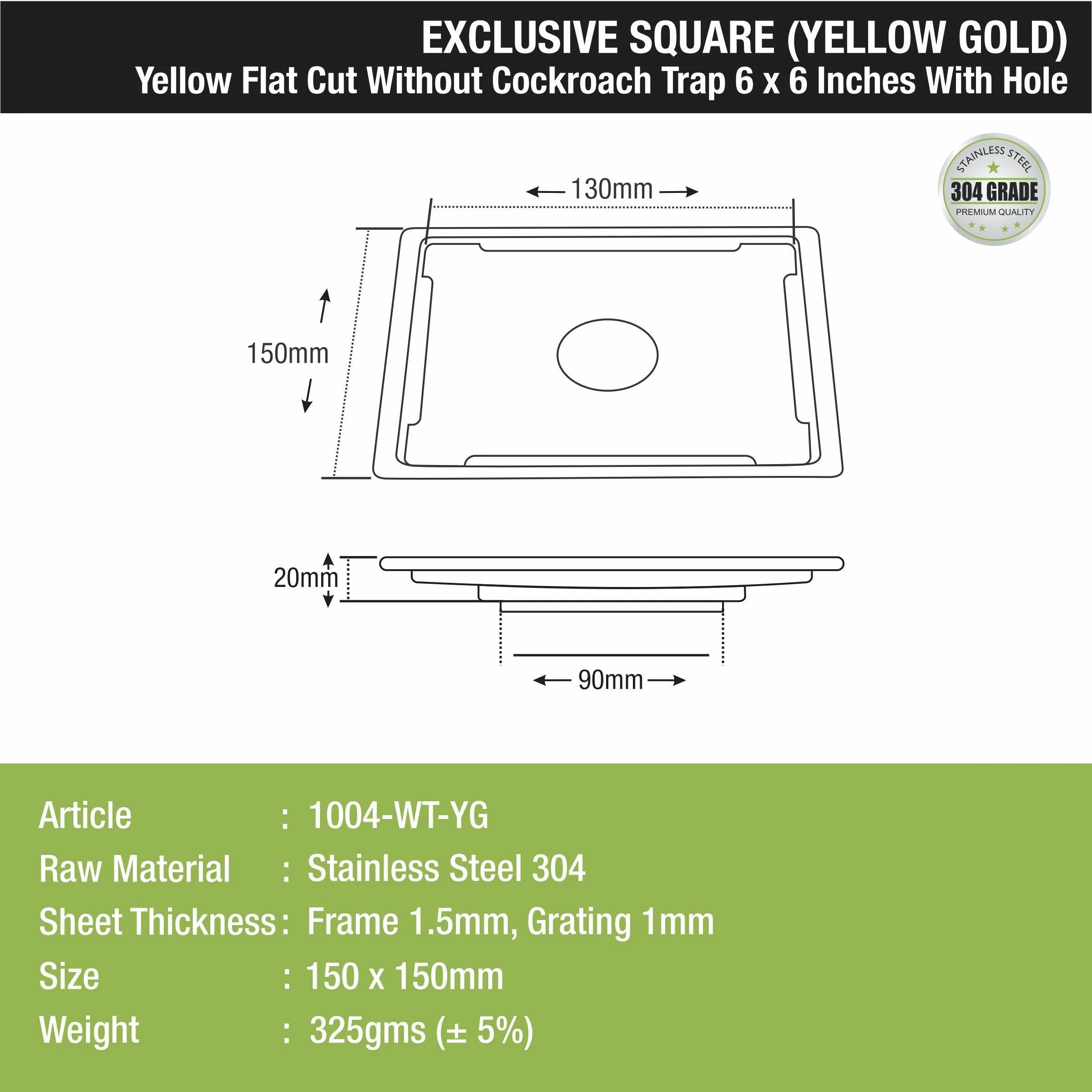 Yellow Exclusive Square Flat Cut Floor Drain in Yellow Gold PVD Coating (6 x 6 Inches) with Hole - LIPKA - Image 2